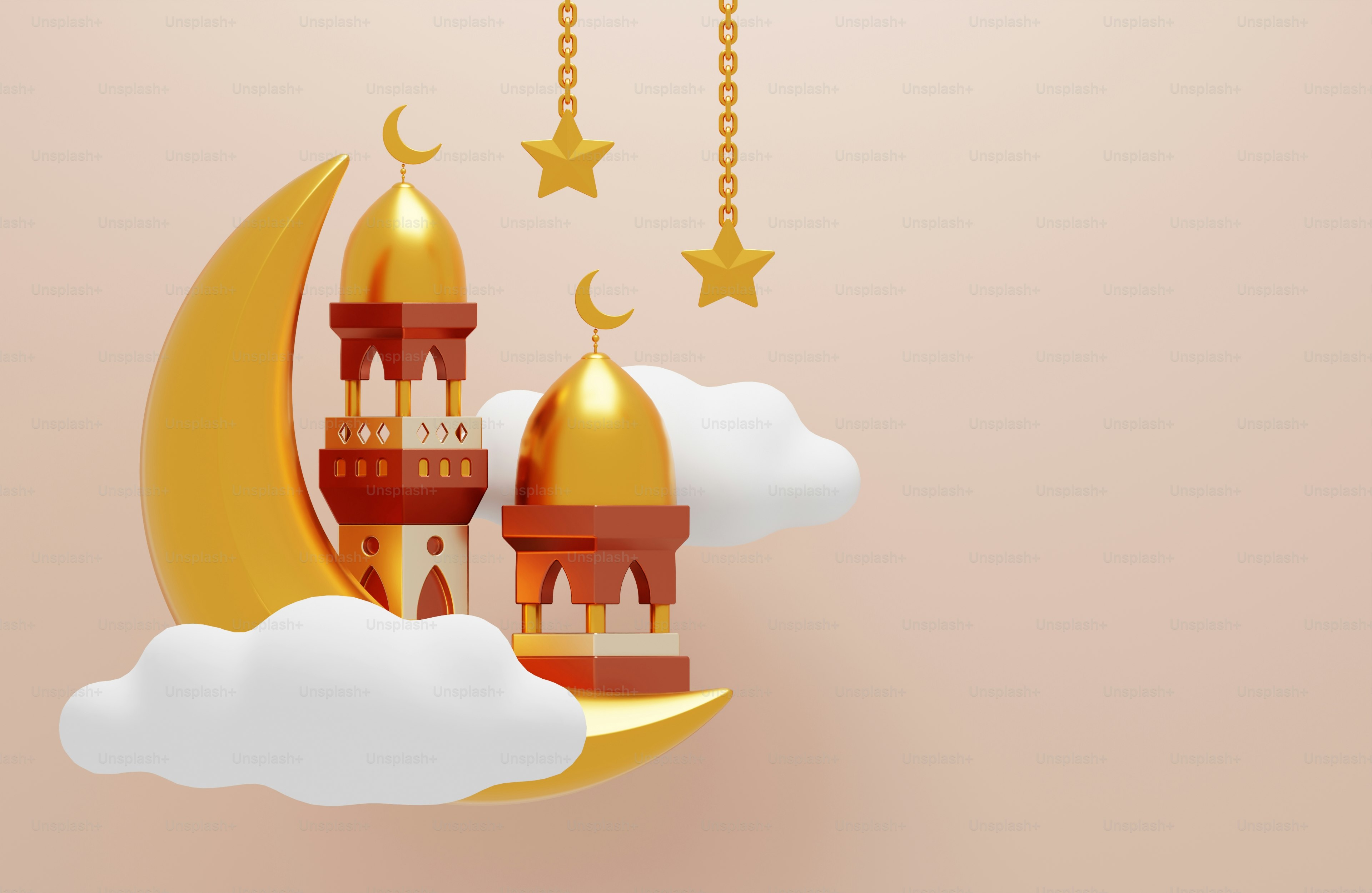Golden crescent moon with mosque minarets and stars photo – Islamic ...