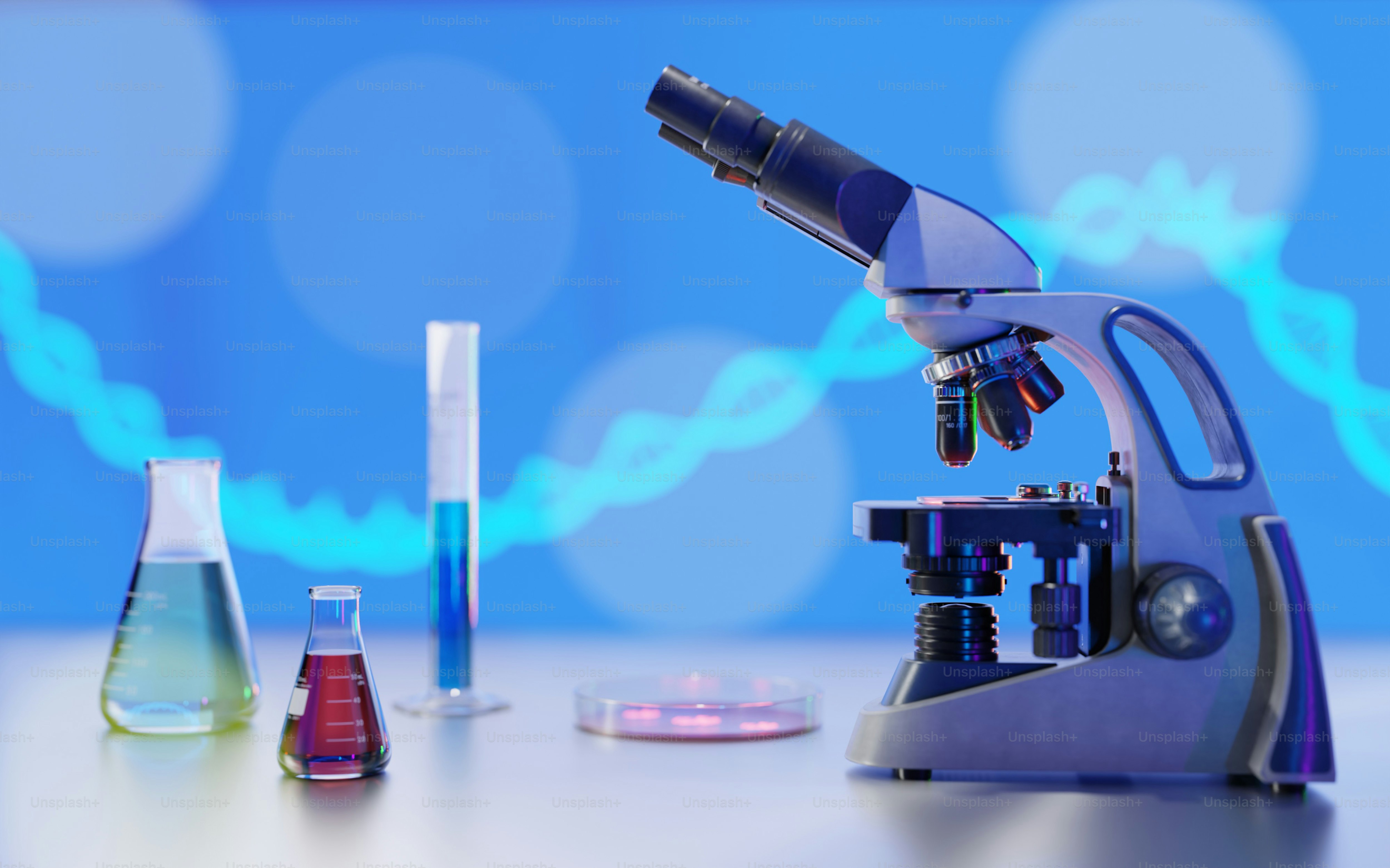 Microscope et matériel de laboratoire sur fond bleu