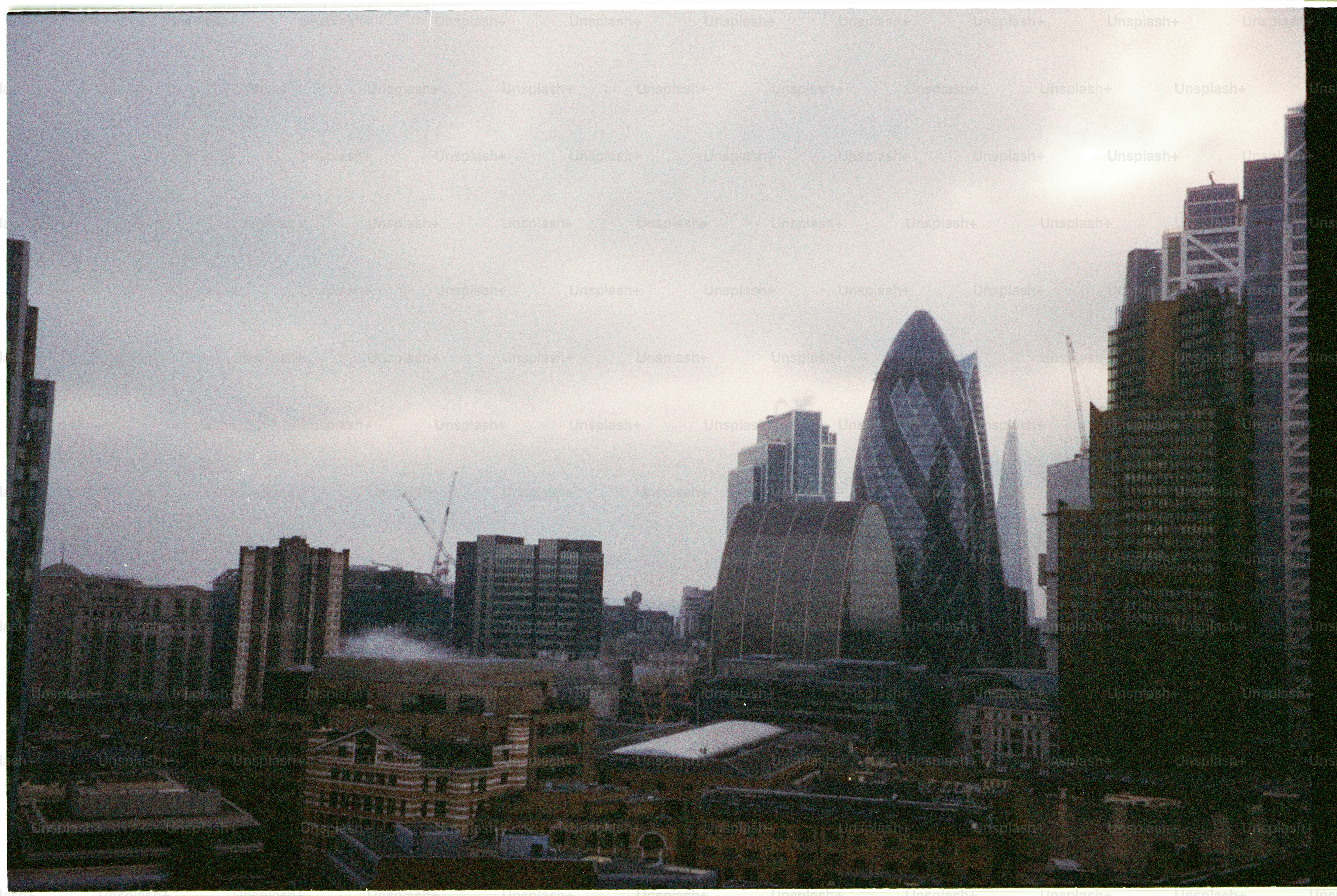 Modern city skyline with distinctive gherkin building