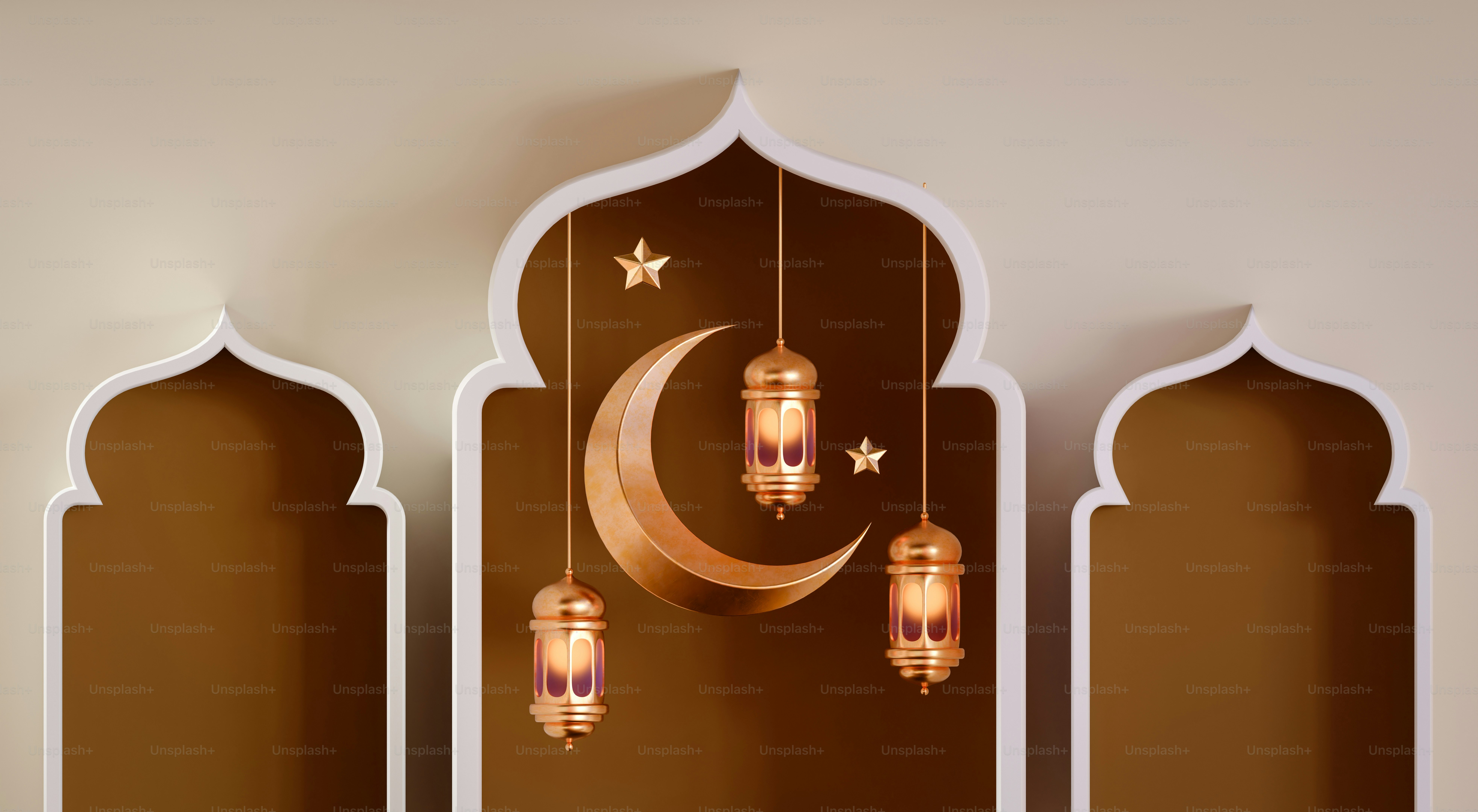 Islamic crescent moon and lanterns decoration
