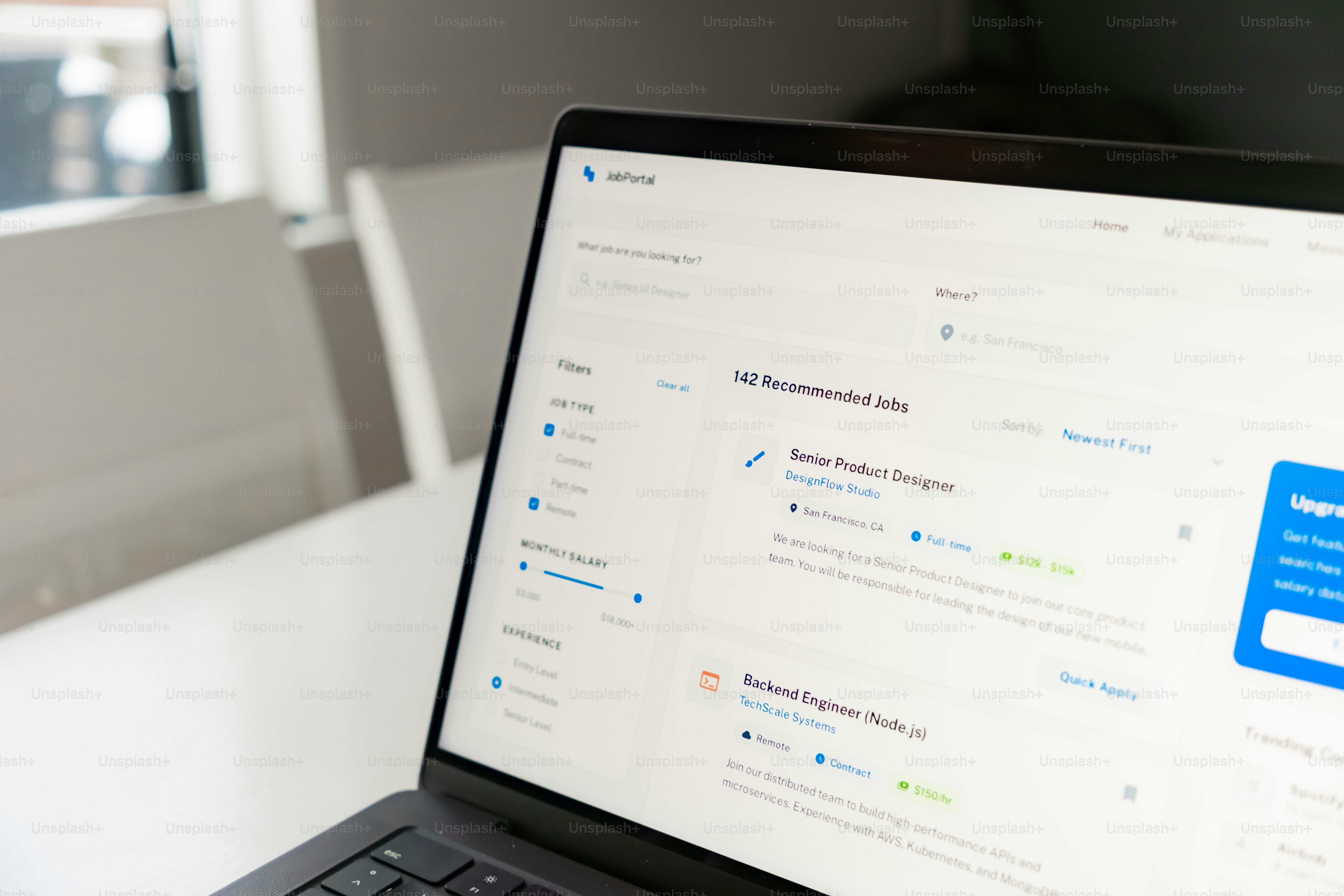 Laptop screen displaying a job search website. photo – Web development ...