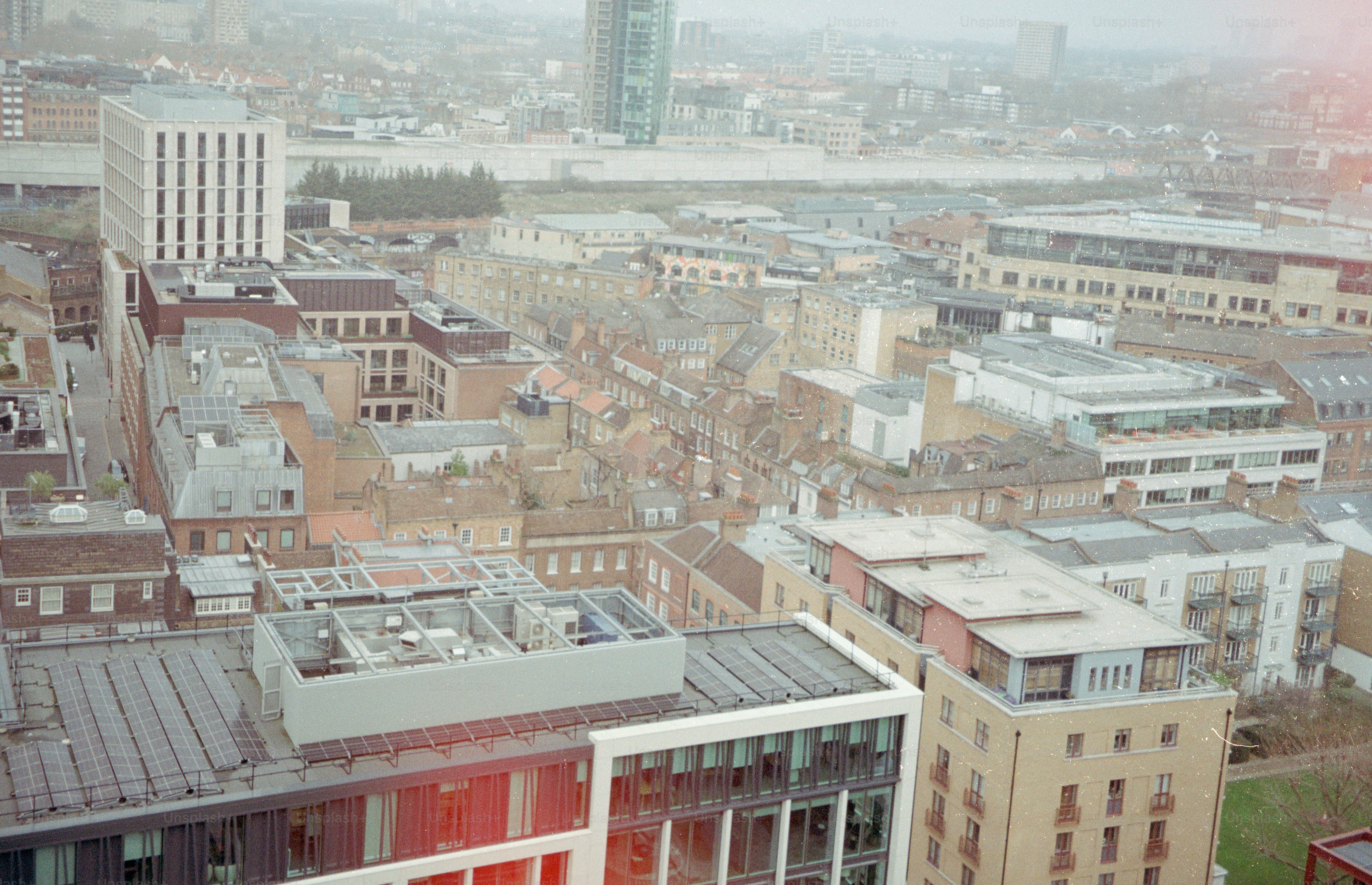 Overhead view of urban buildings and cityscape