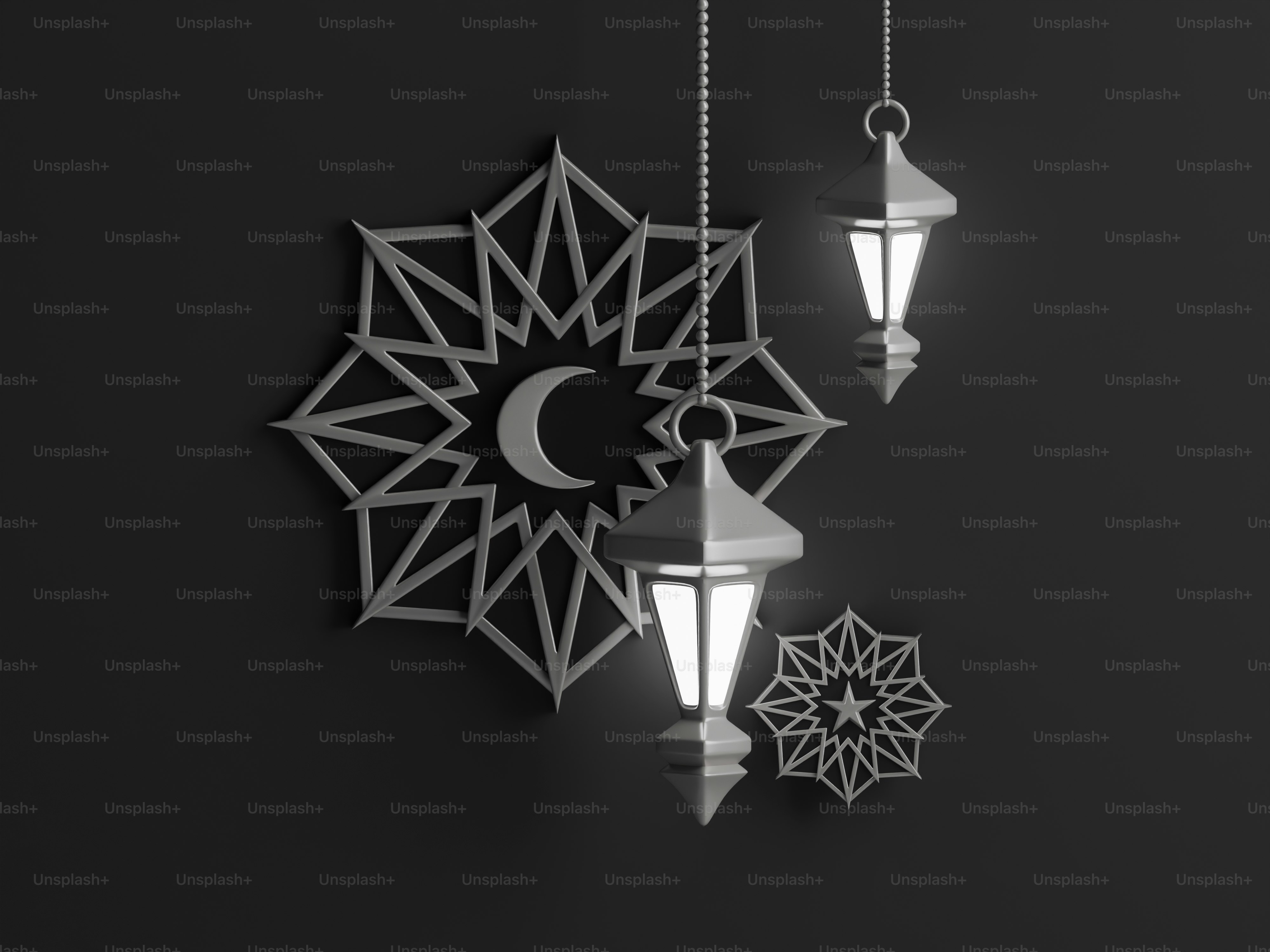 Islamic geometric patterns with lanterns and crescent moon photo ...