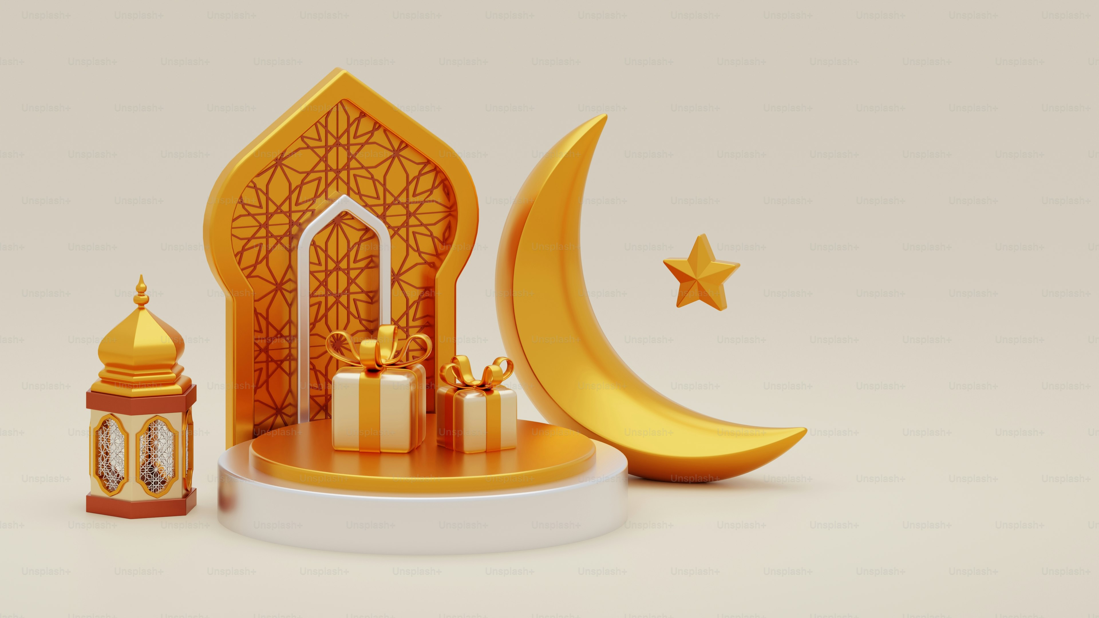 Croissant de lune doré avec cadeaux et lanterne