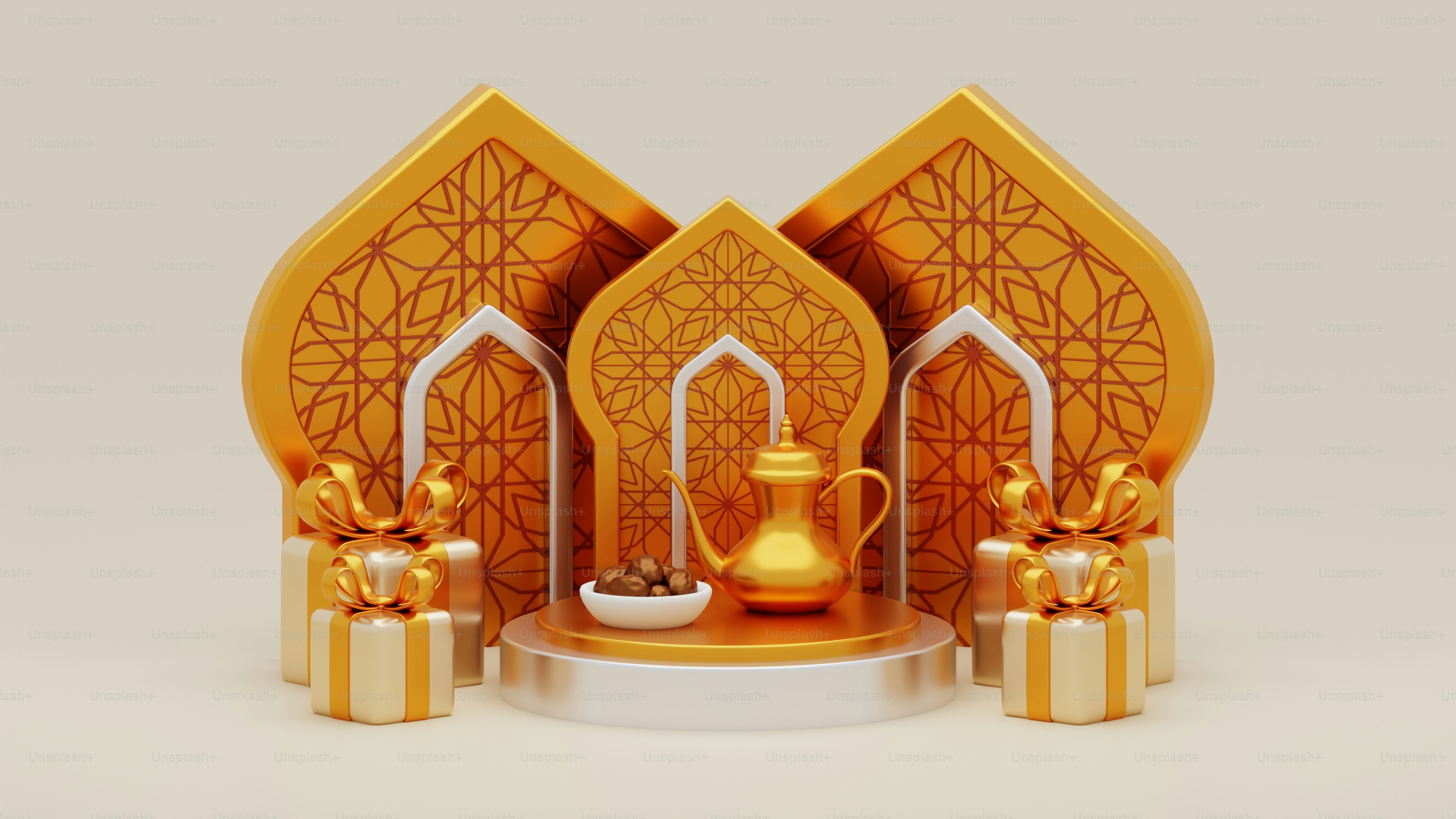 Arche islamique dorée avec cadeaux et dates