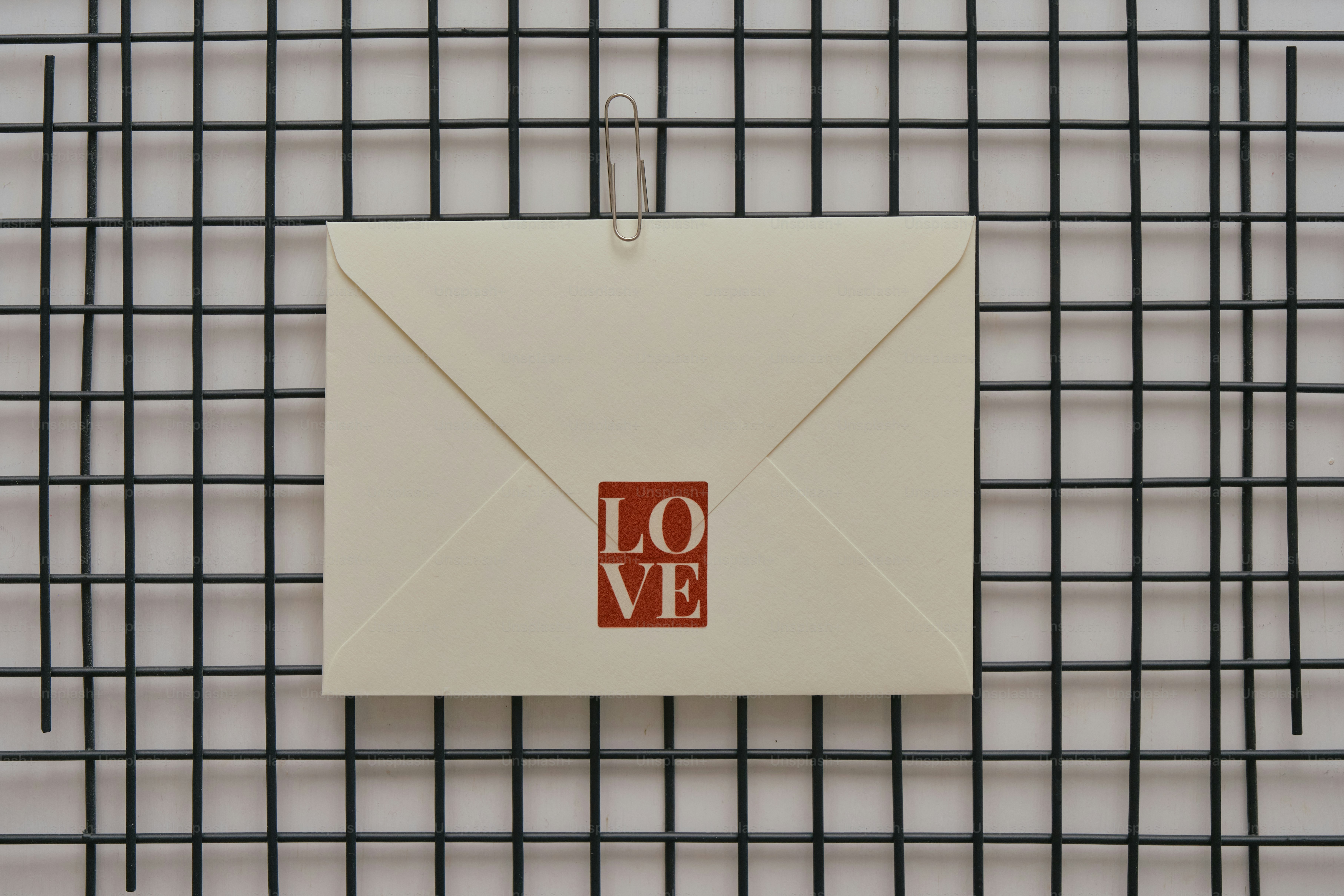 Cremefarbener Umschlag mit rotem 'Liebes'-Stempel am Raster befestigt