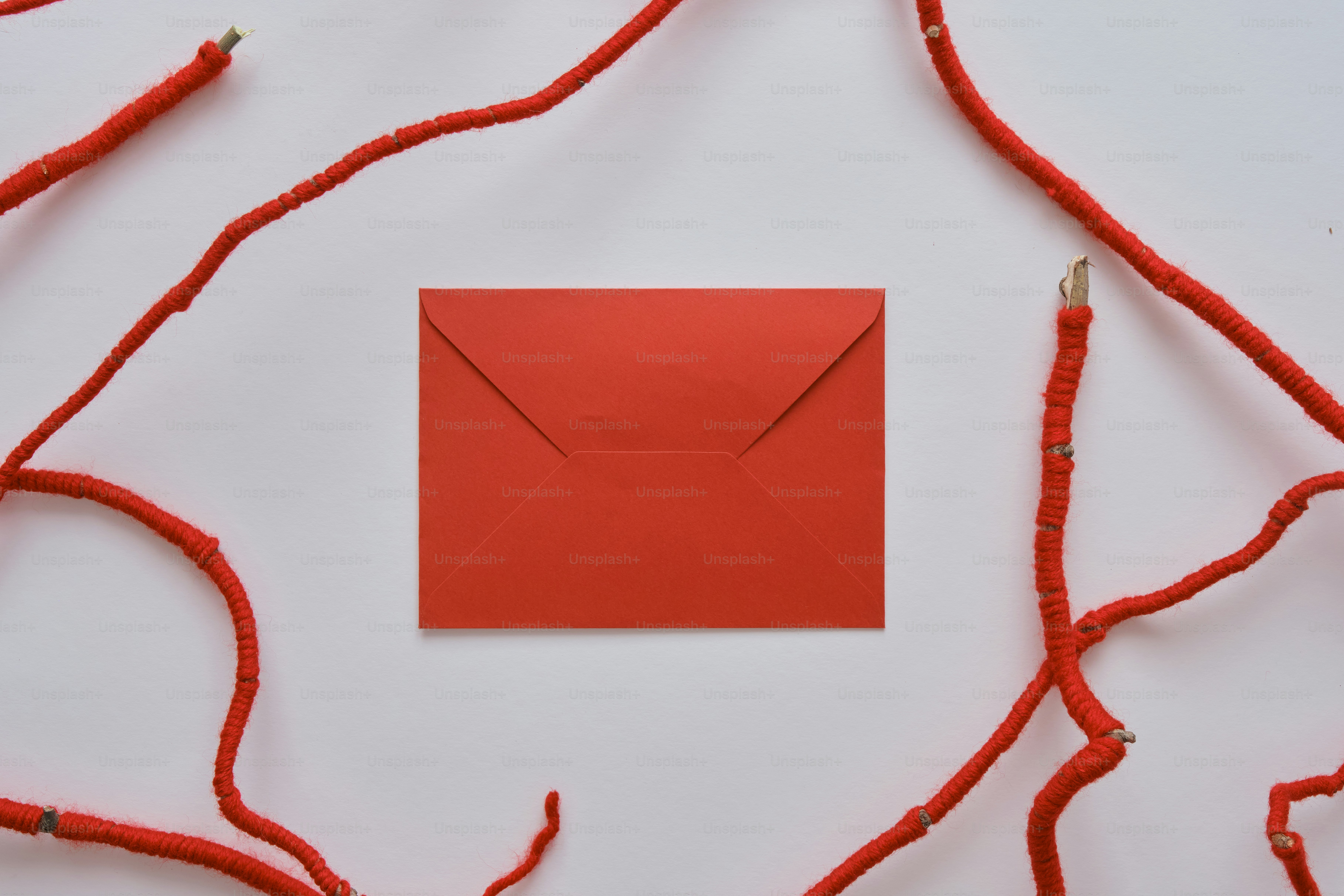 Roter Umschlag umgeben von roten Zweigen auf weißem Hintergrund