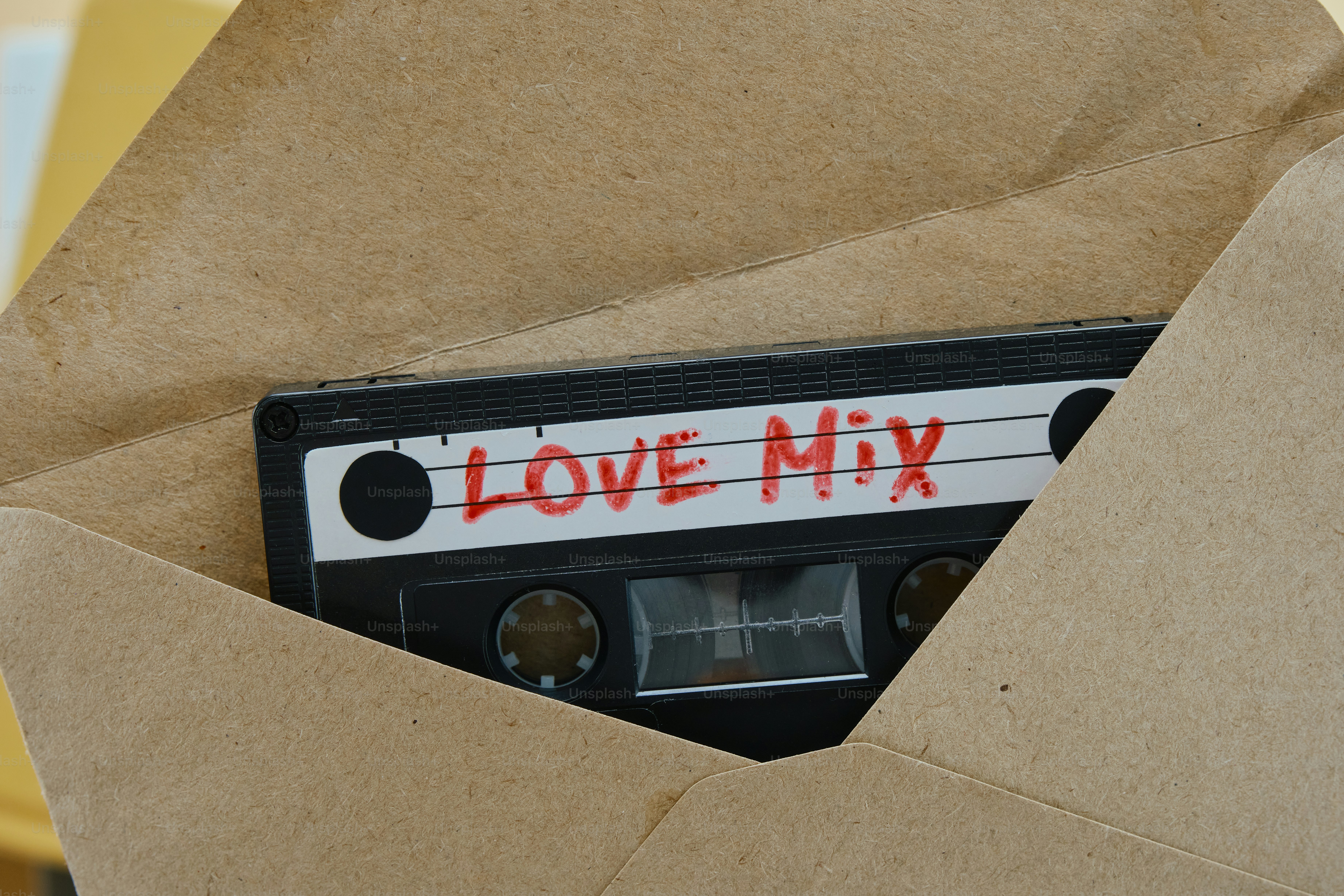 Kassette mit der Aufschrift "Love Mix" auf braunem Papier.