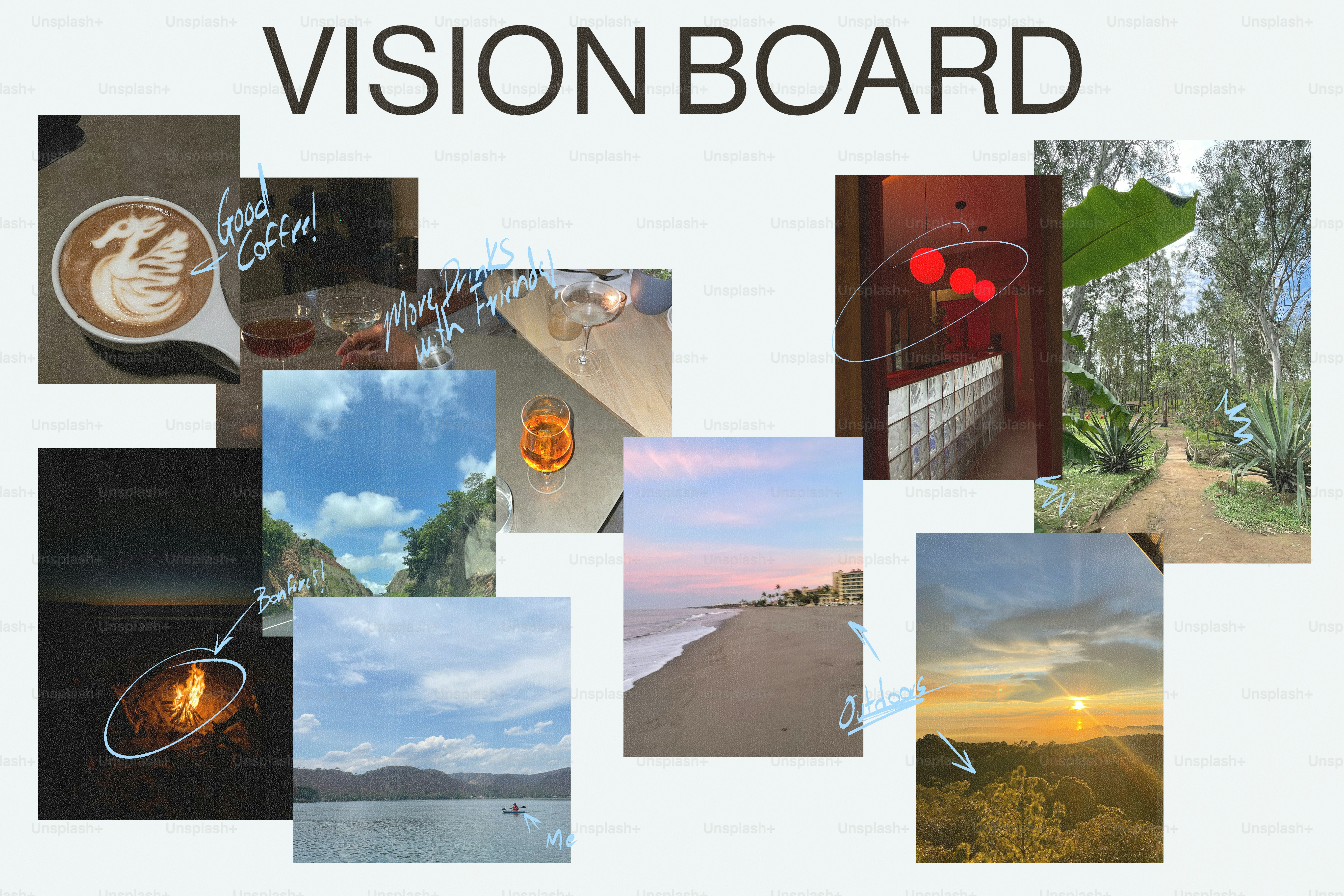 Vision board with various inspirational images and text.