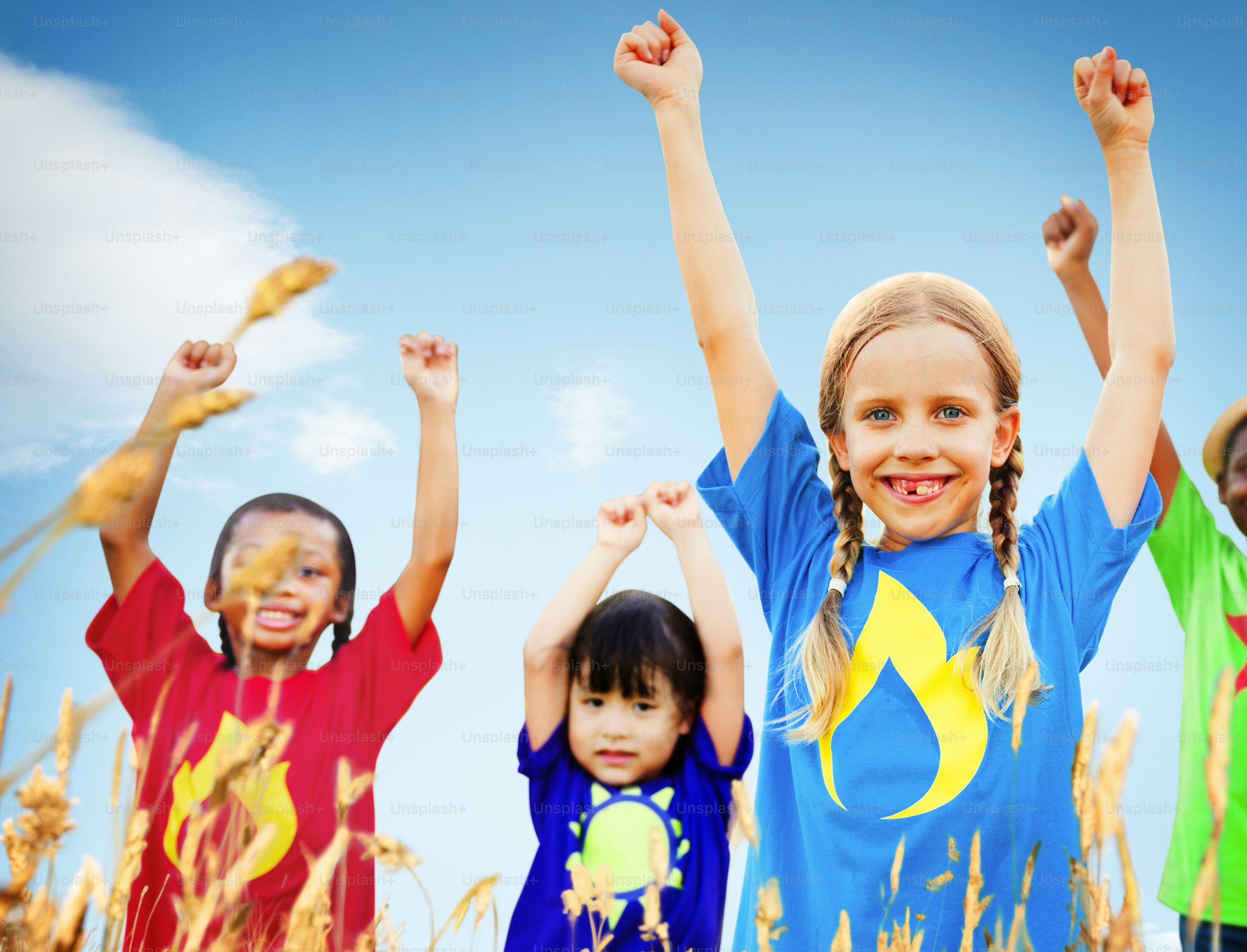 Kids Diverse Playing Sky Field Young Concept