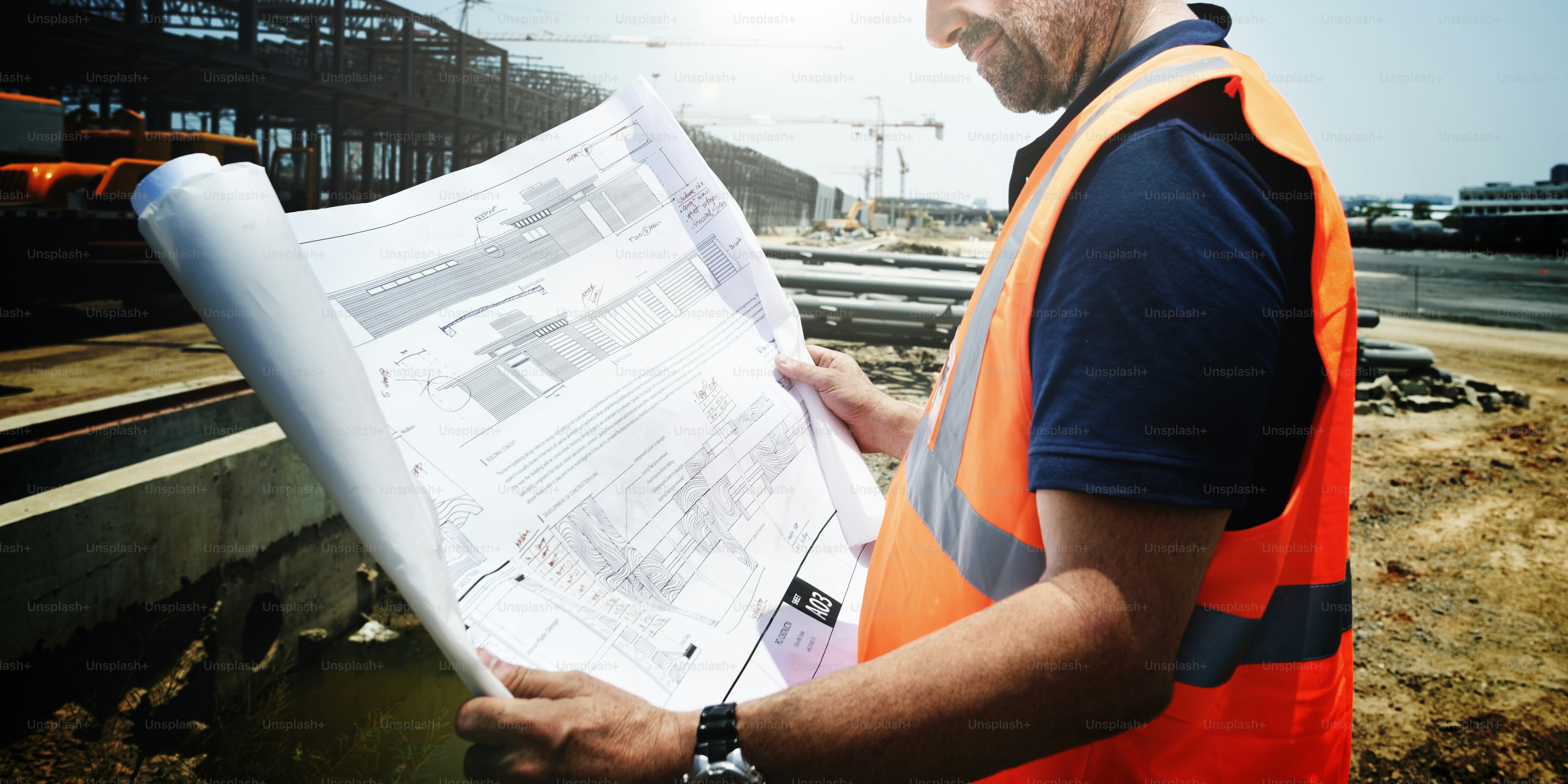 Construction Site Engineerer Working Blueprint Concept