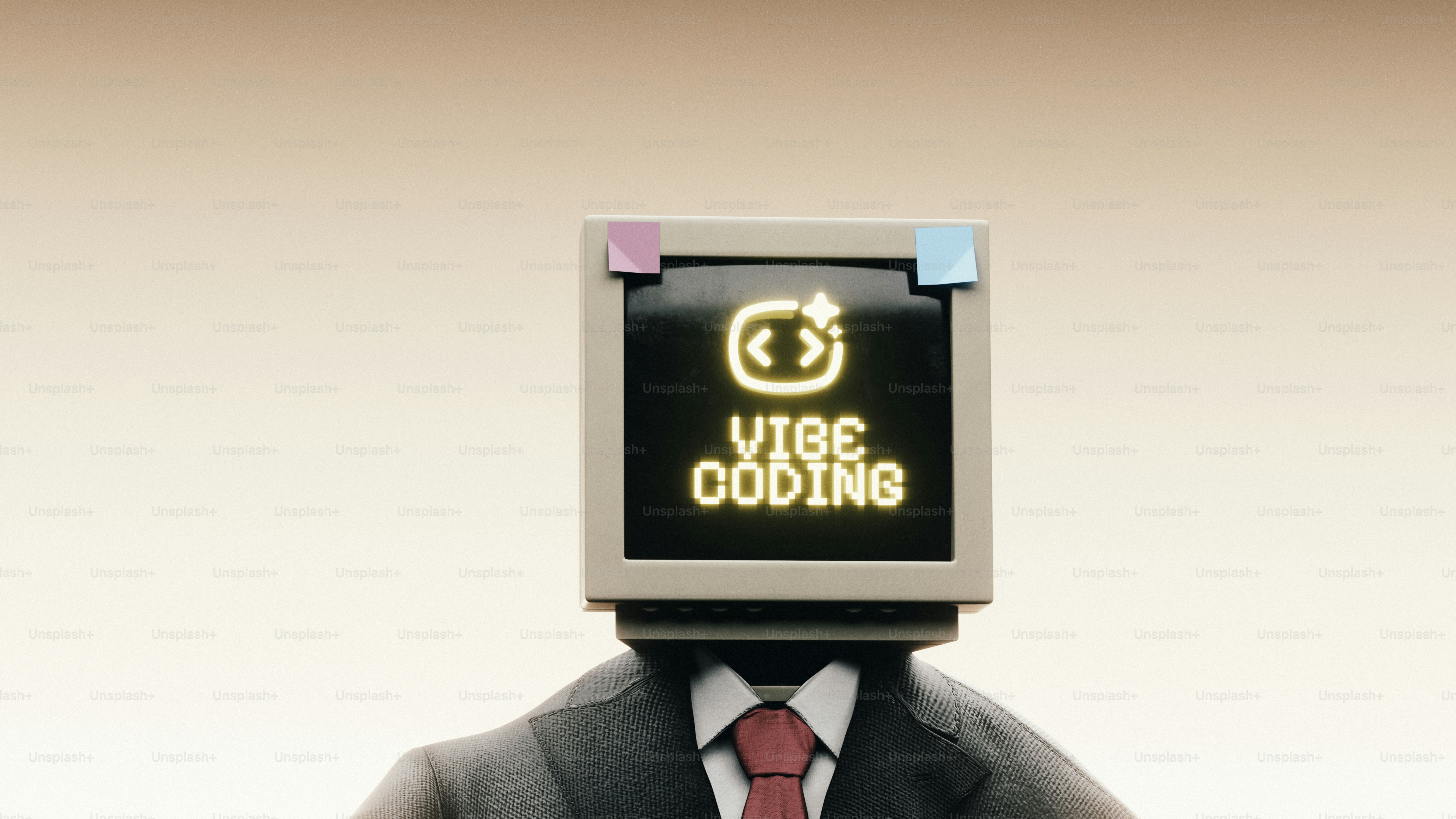 Computer monitor head wearing a suit and tie