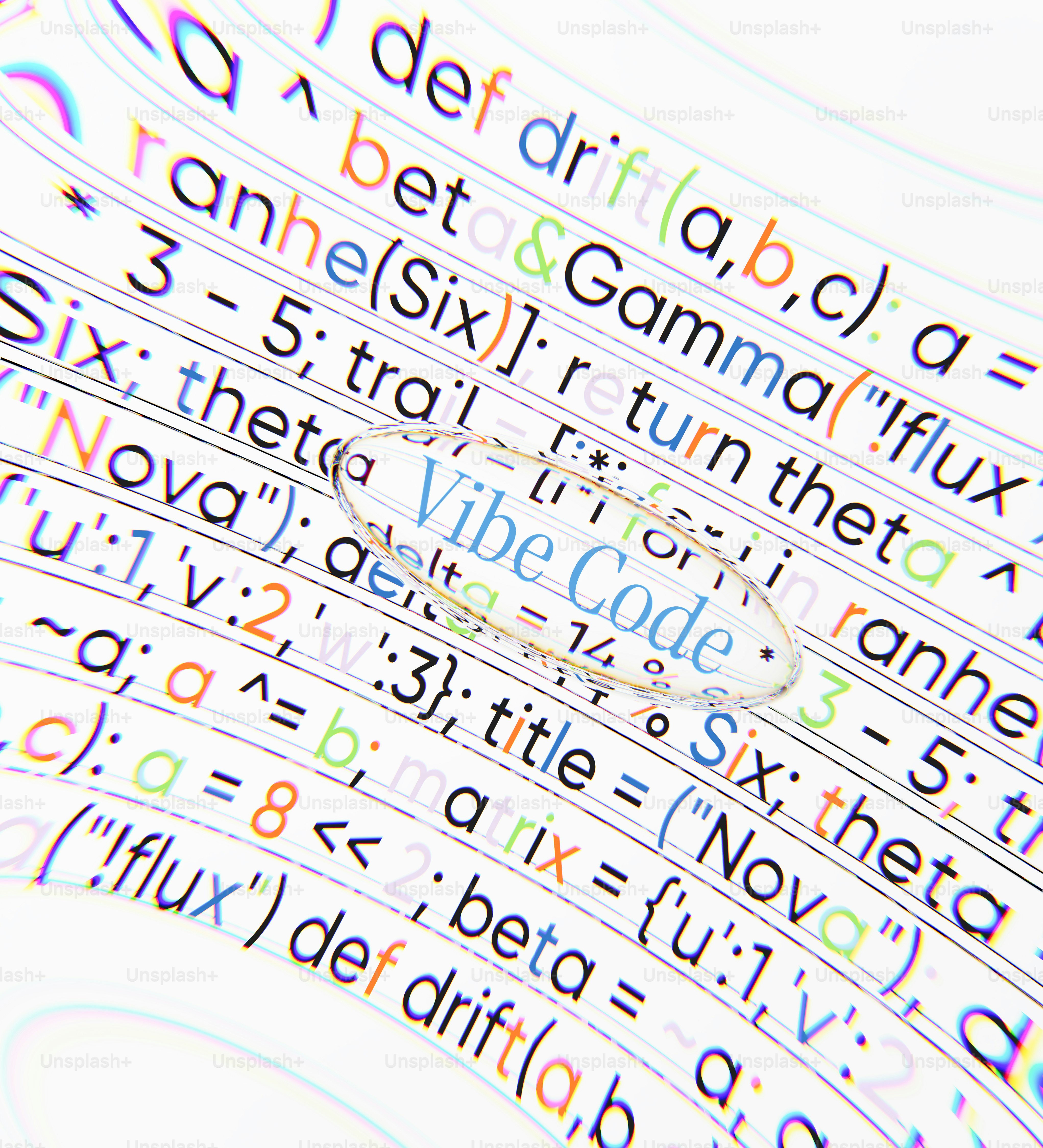 Code snippet with a magnifying glass showing 'vibe code'.