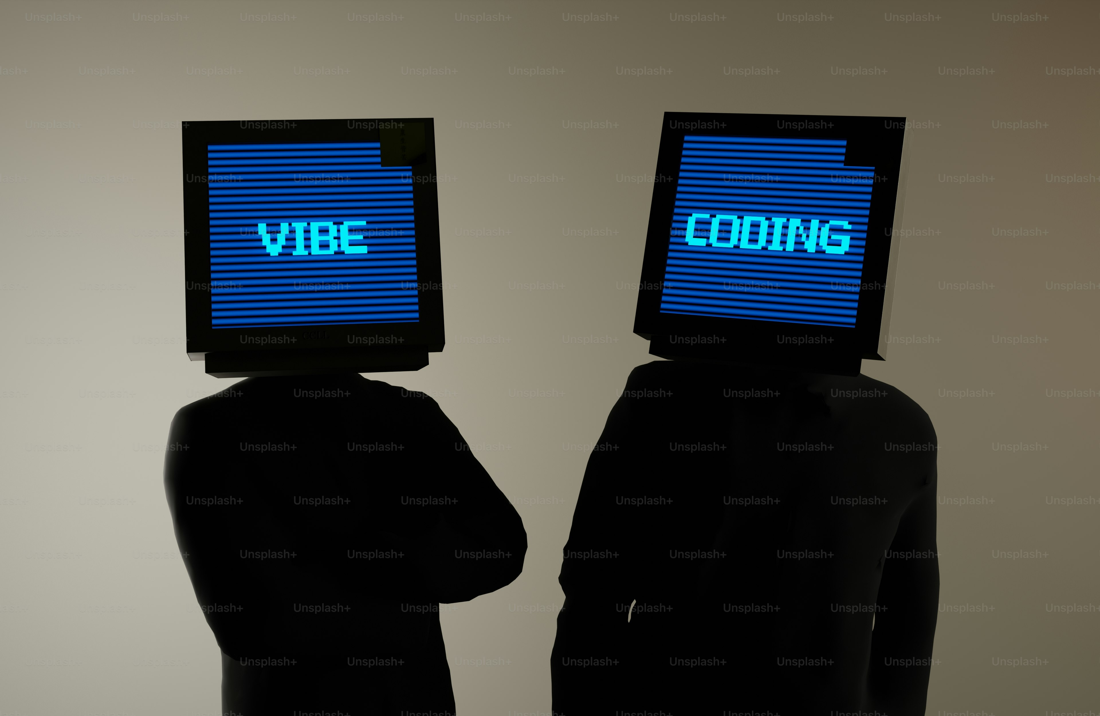 Due figure con schermi come teste mostrano parole.