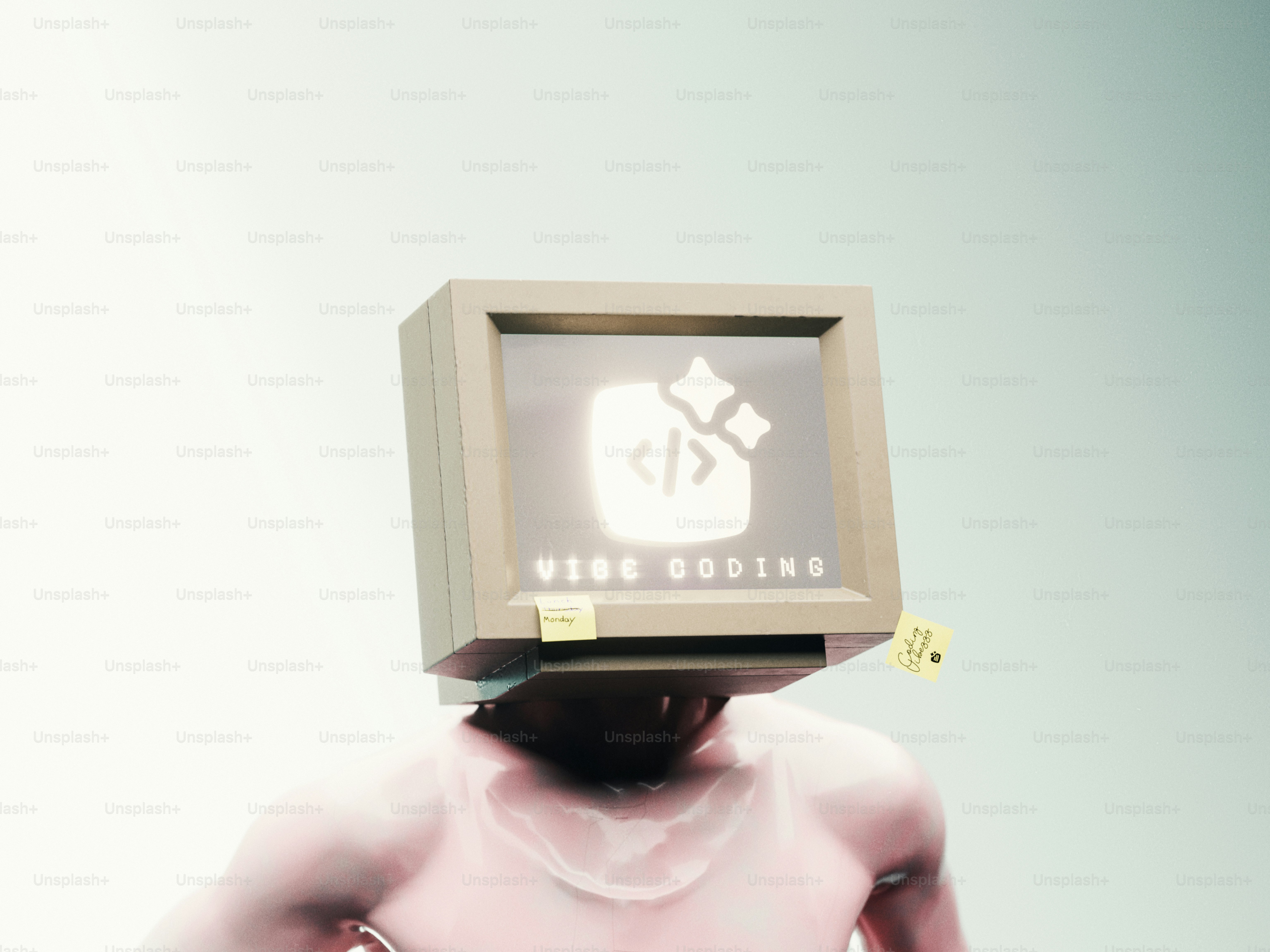 Man with computer monitor head displaying code icon