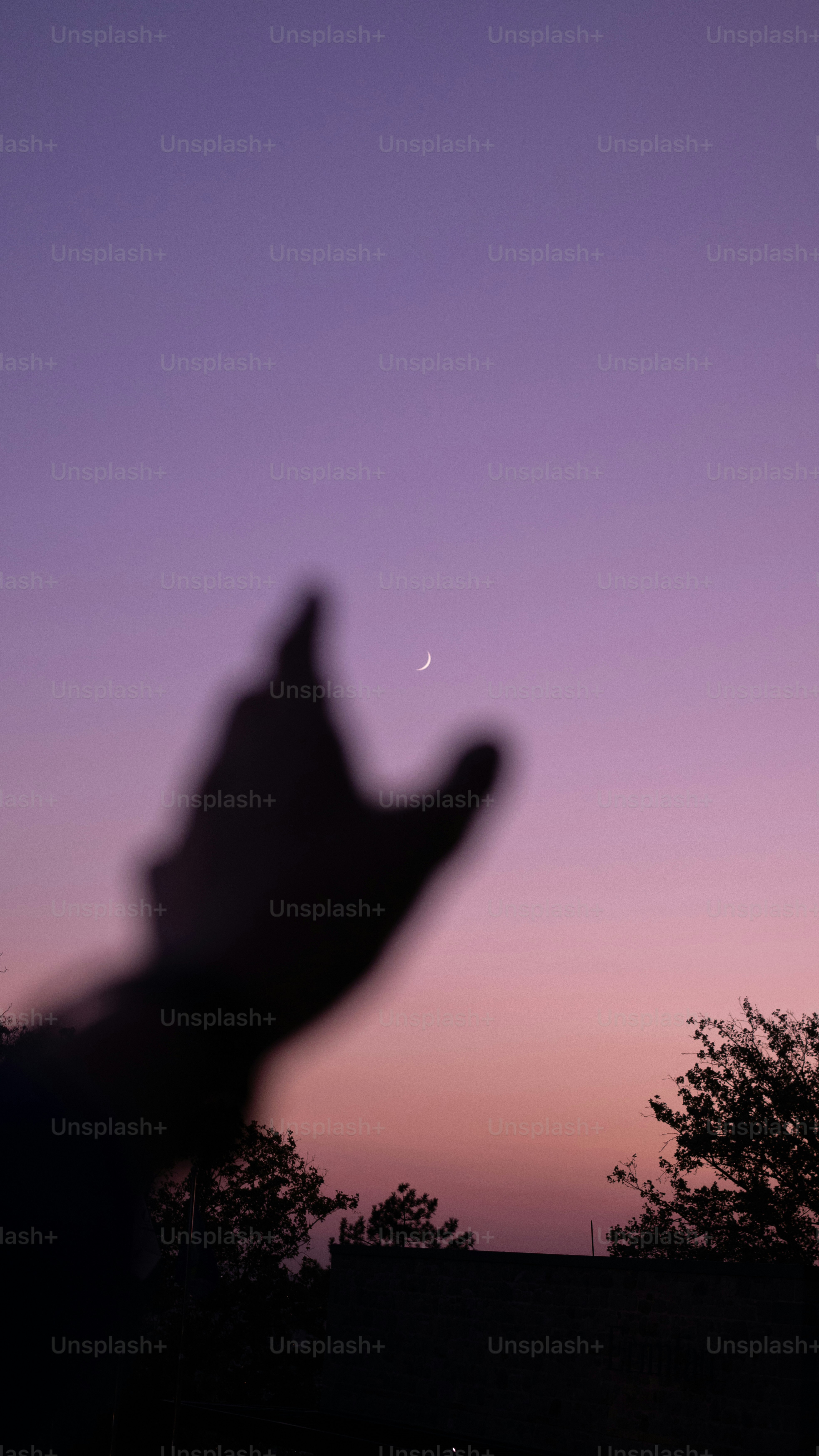 Silhouette of a hand reaching for the crescent moon