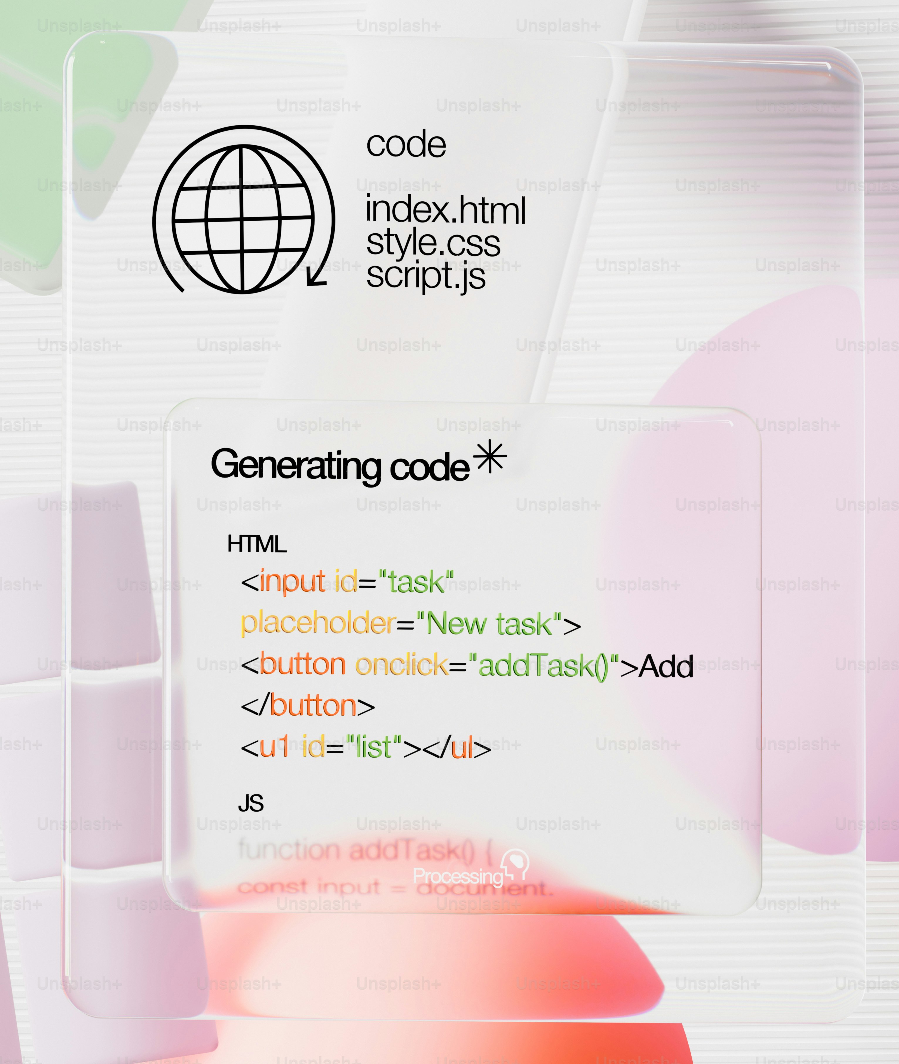 Web development code snippets on glass panels.