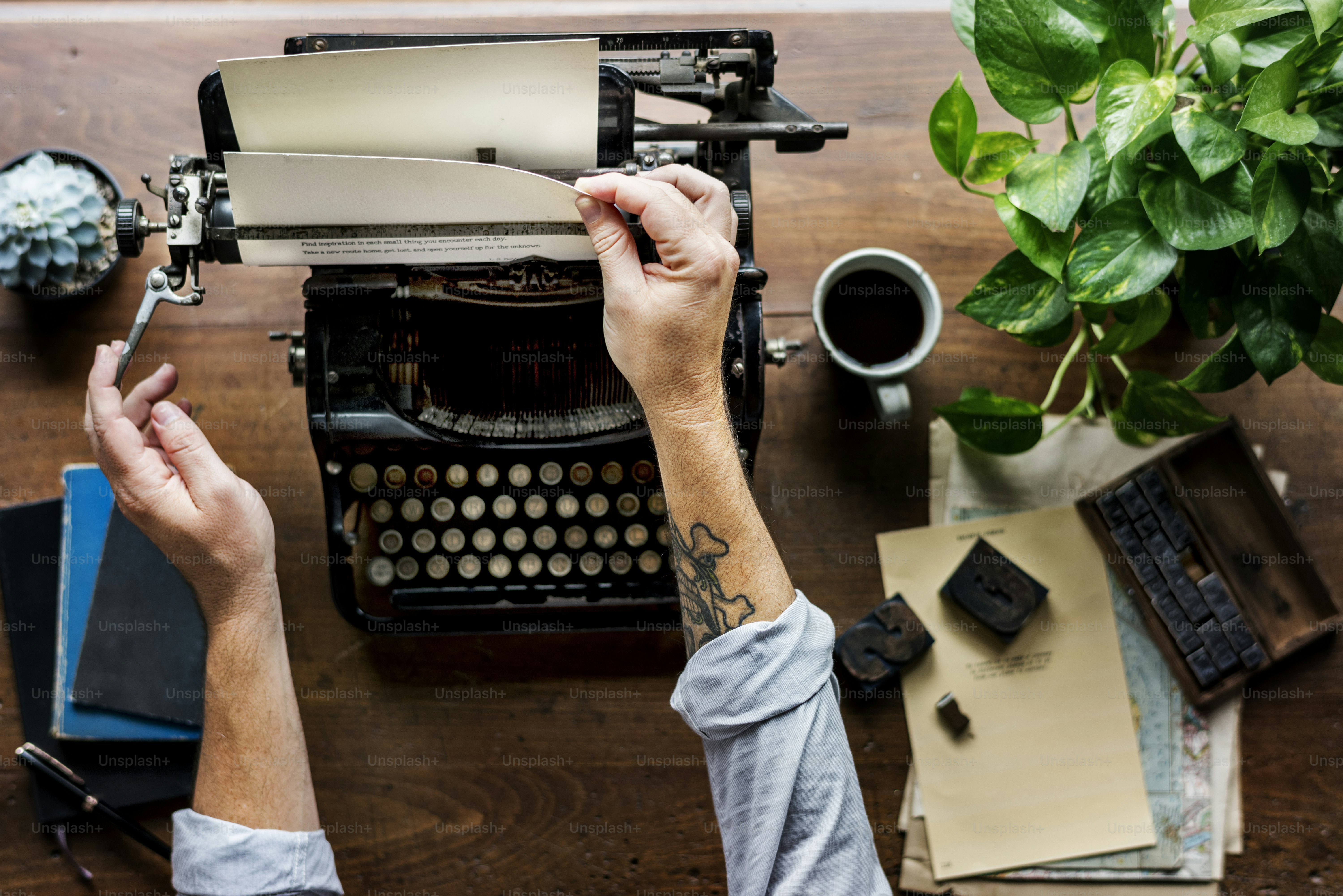 Man Using Retro Typewriter Machine Work Writer Changing Paper photo ...