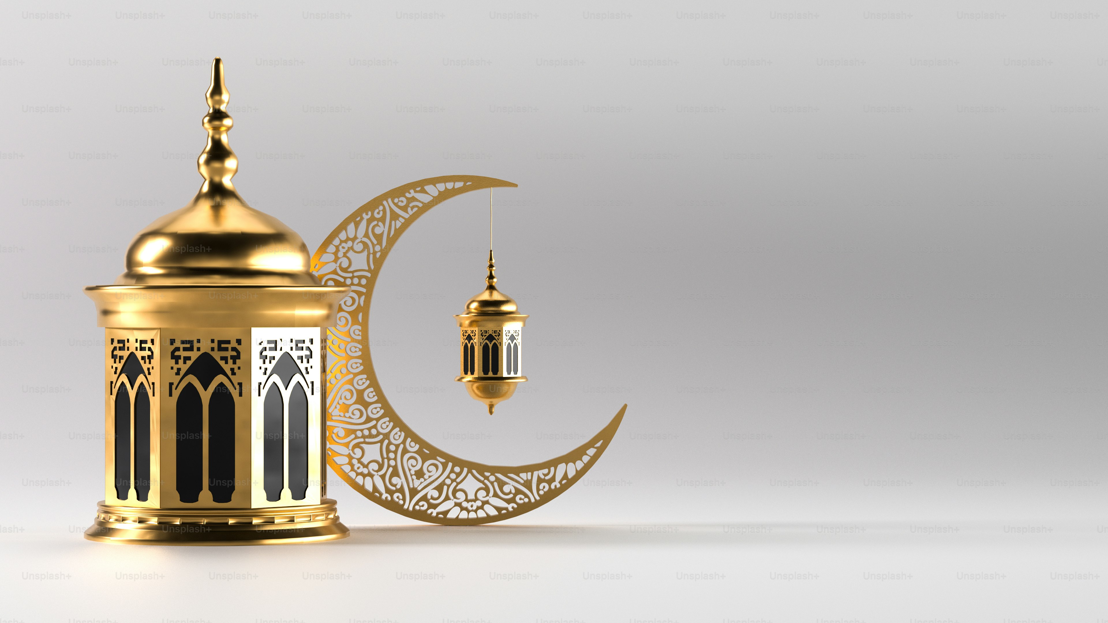Golden lantern and crescent moon on gray background