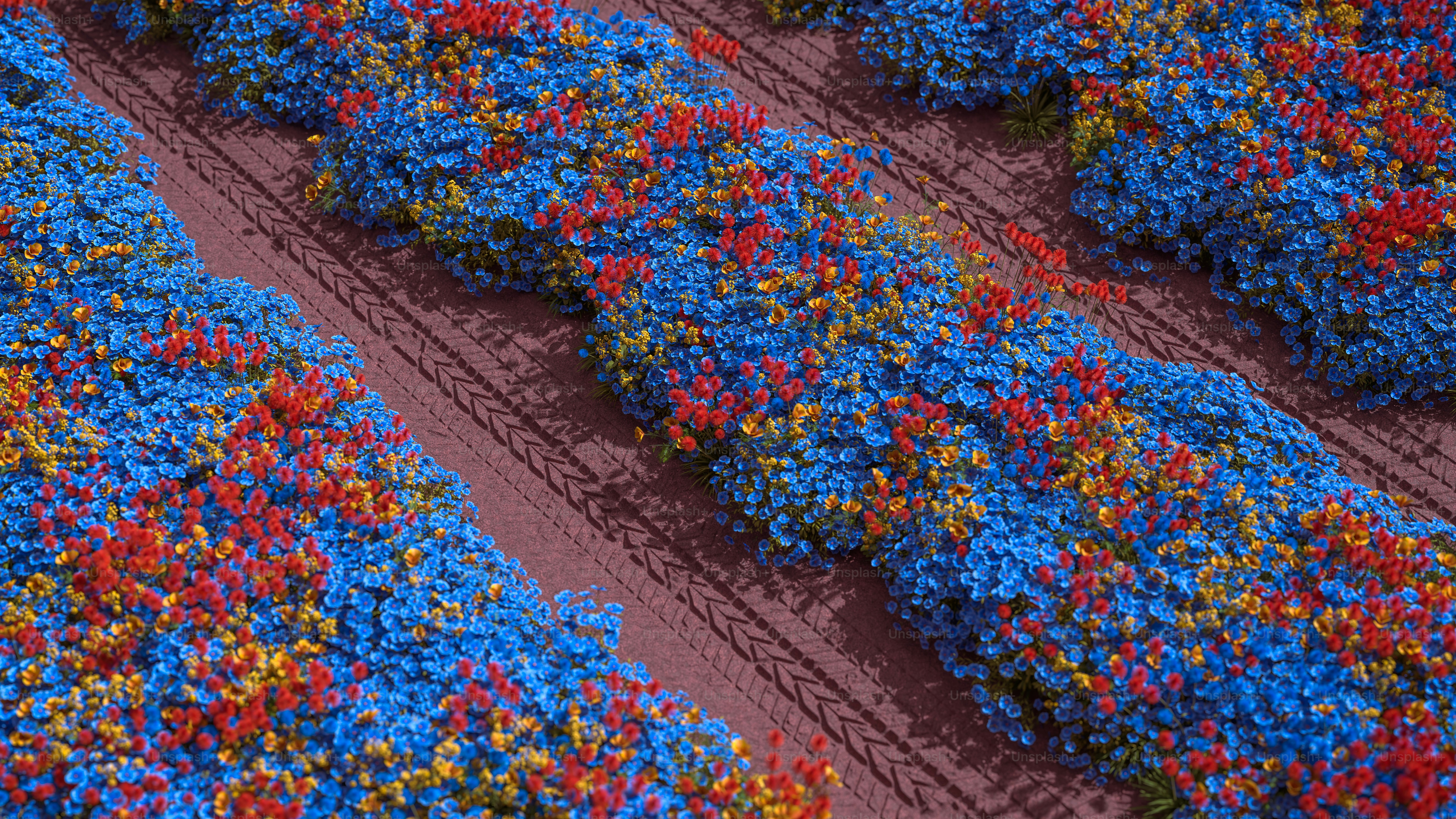 Abstract pattern of blue, red, and yellow organic molecules