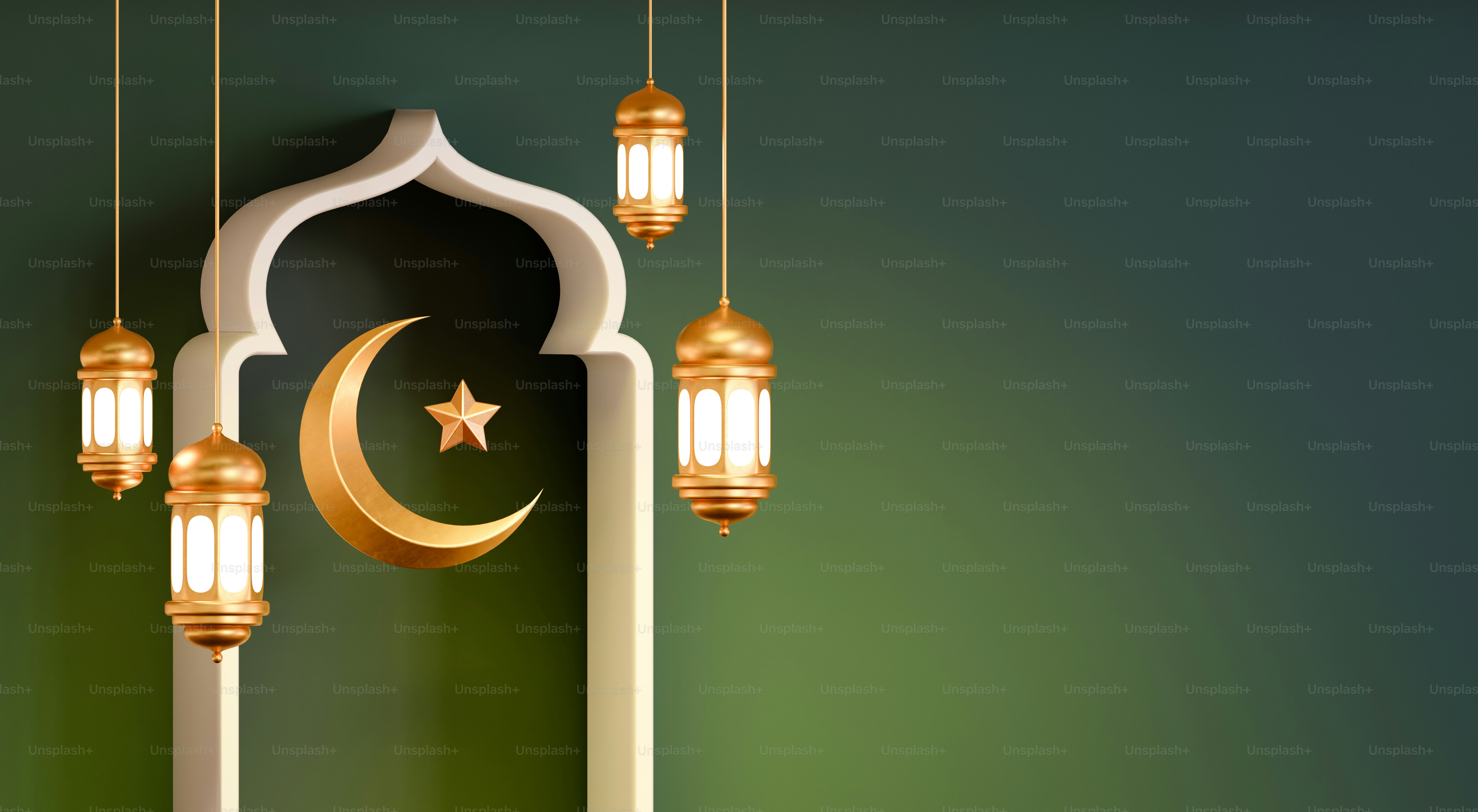 Islamic crescent moon with lanterns and archway arch
