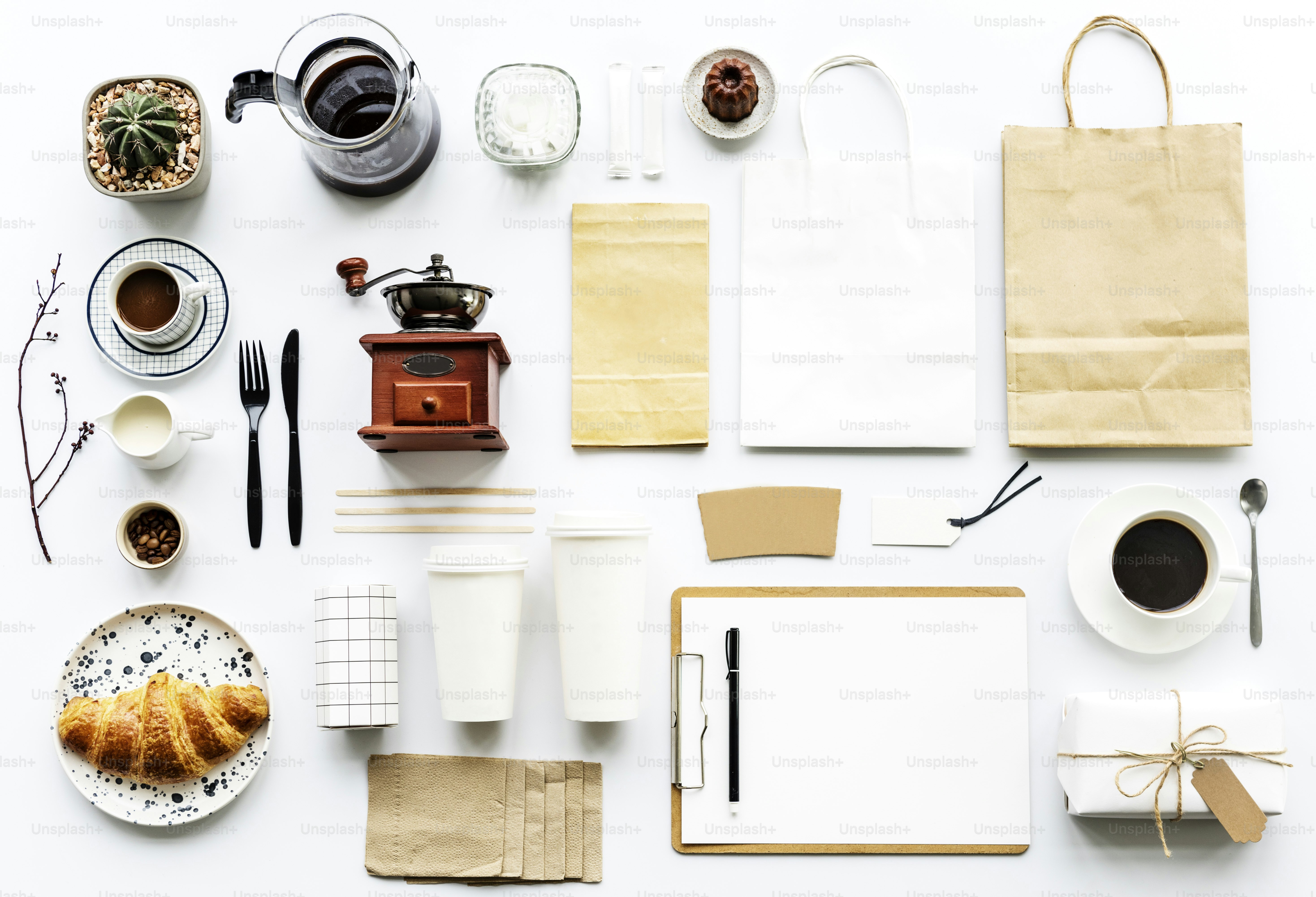 Aerial view of coffee setting on white table photo – White background ...