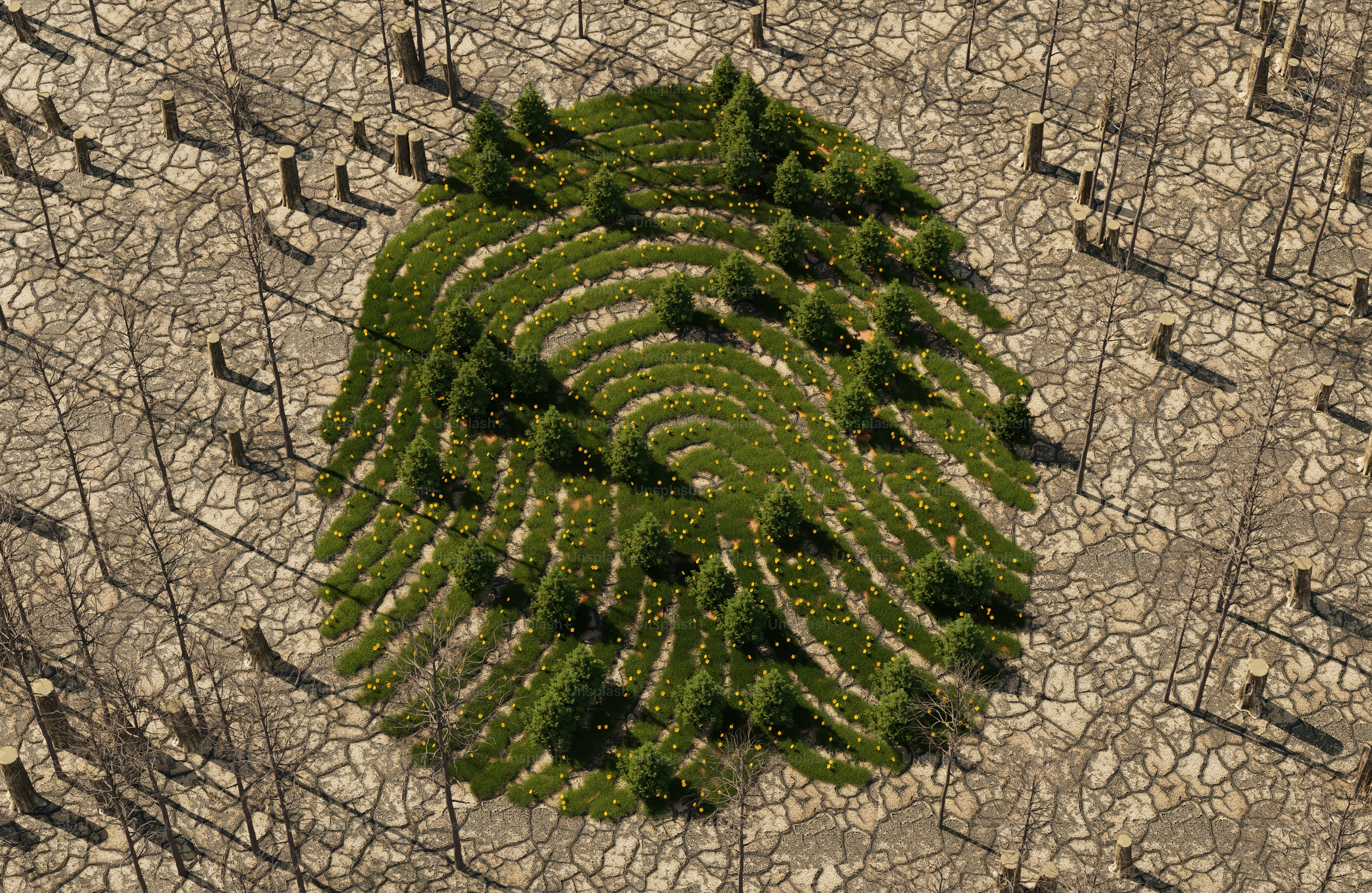 Fingerabdruckform, gefüllt mit grünen Bäumen und Gras