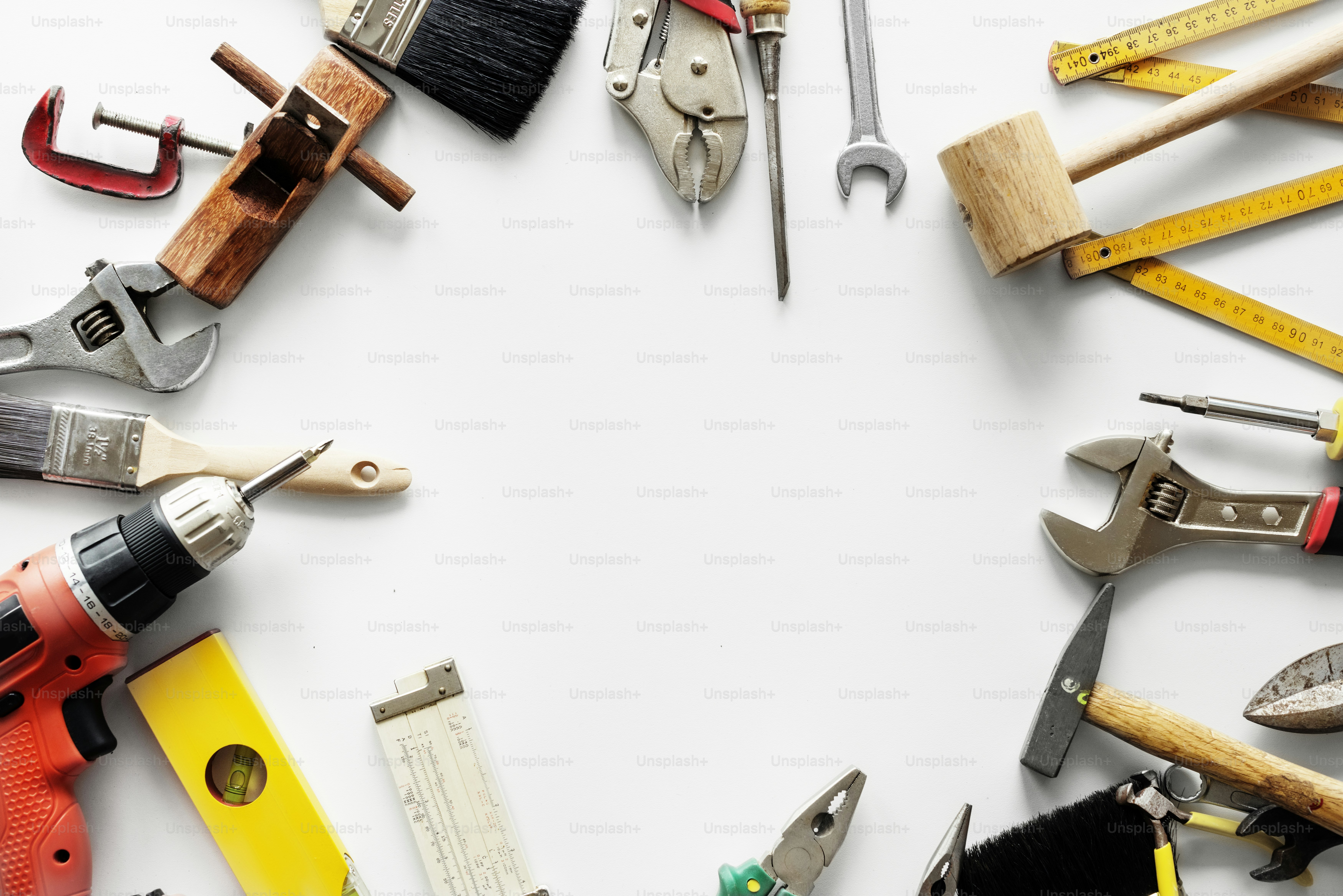 Flat lay of various technician tools isolated on white background photo ...