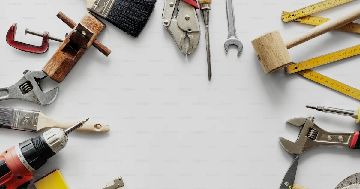 Tech Tools Background Image Flat lay of various technician tools isolated on white background photo ...