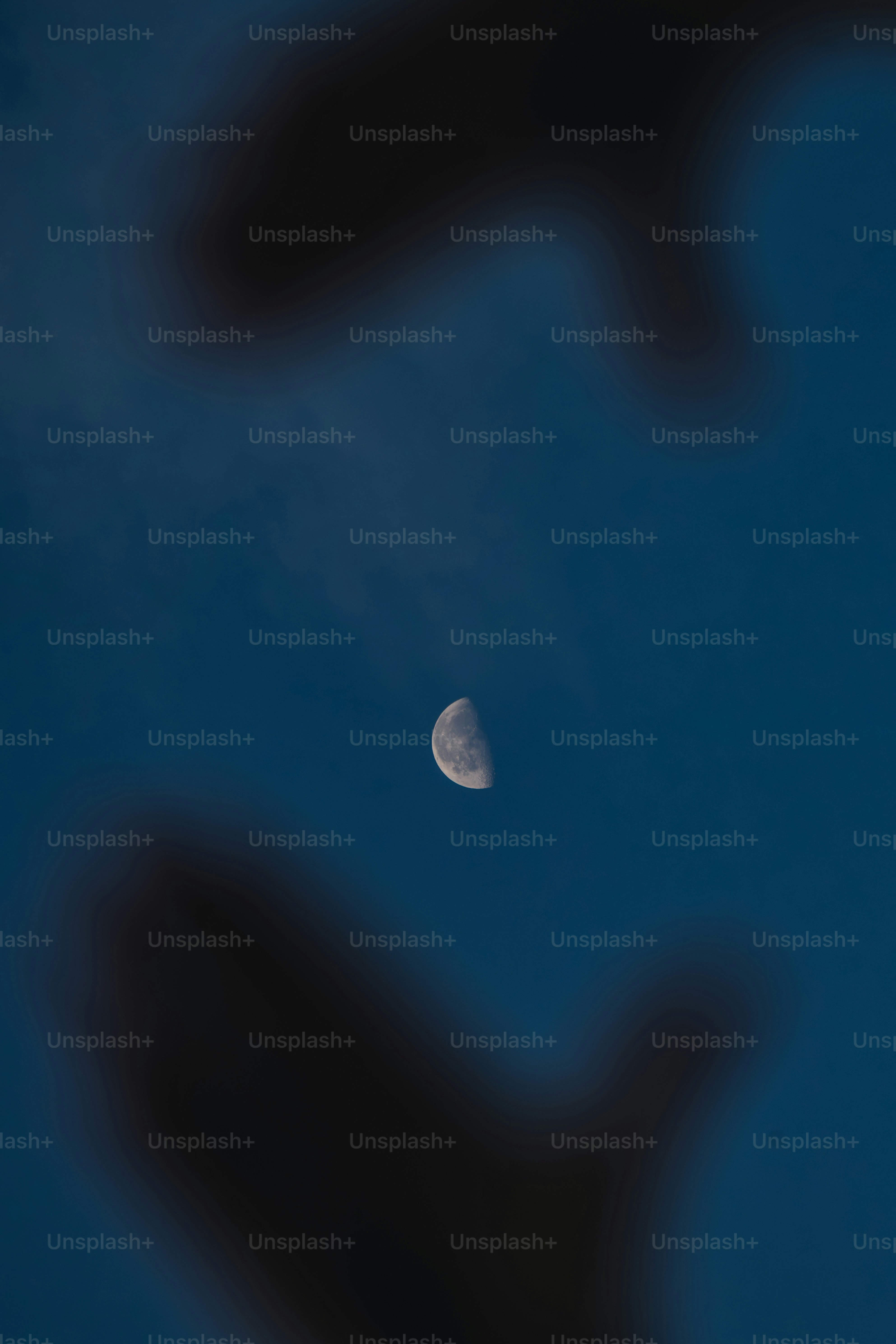 A half moon hangs in the dark blue sky.