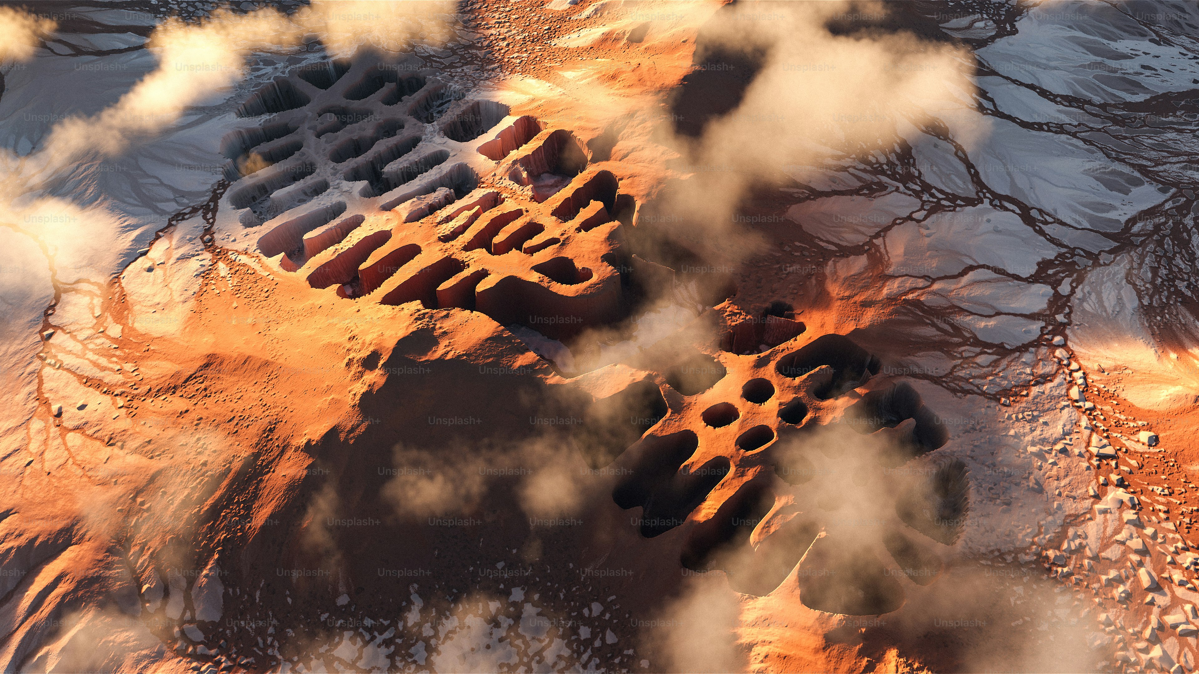 Abstract desert landscape with clouds and geometric patterns