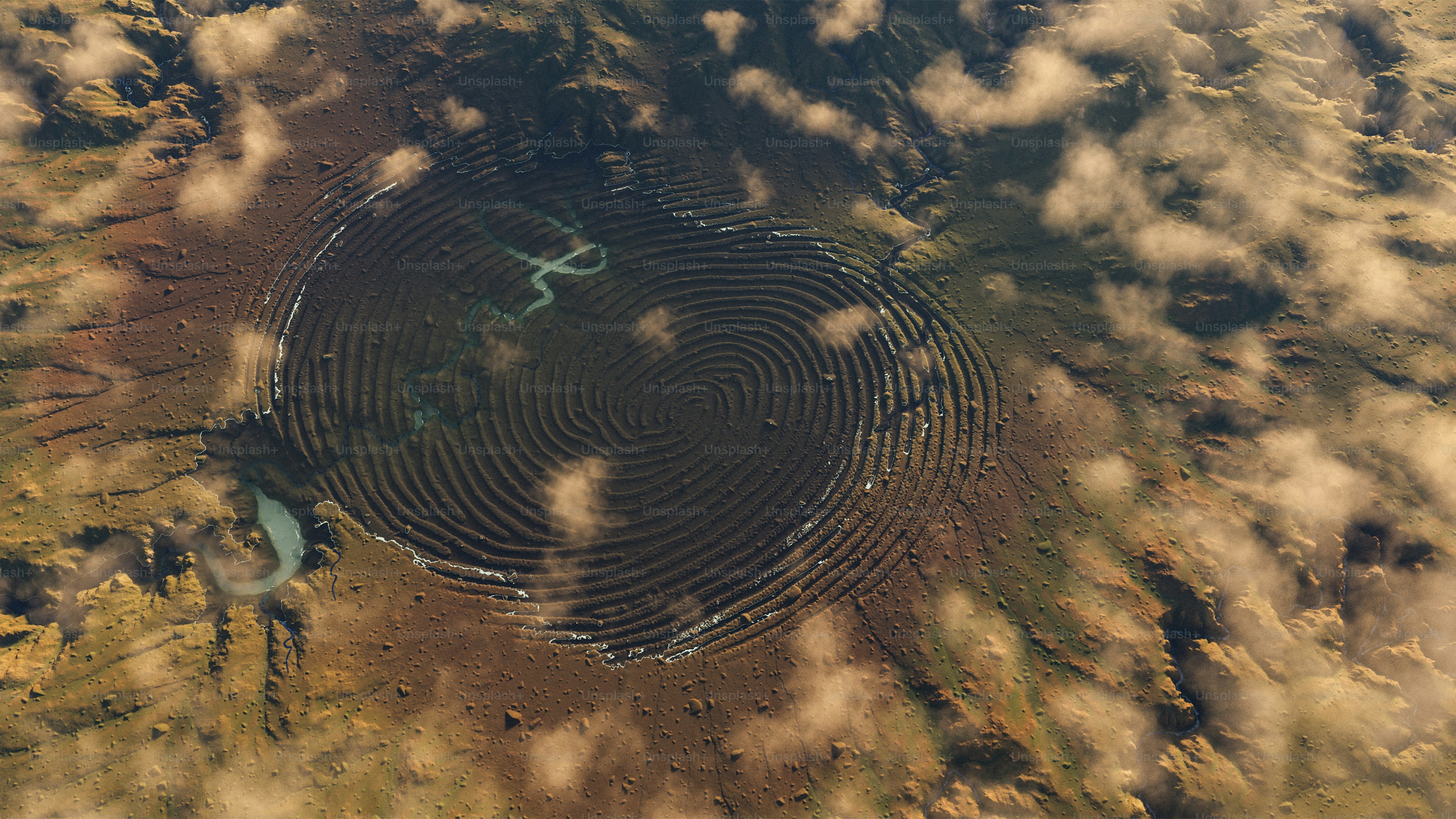 Aerial view of a circular geological formation with concentric rings