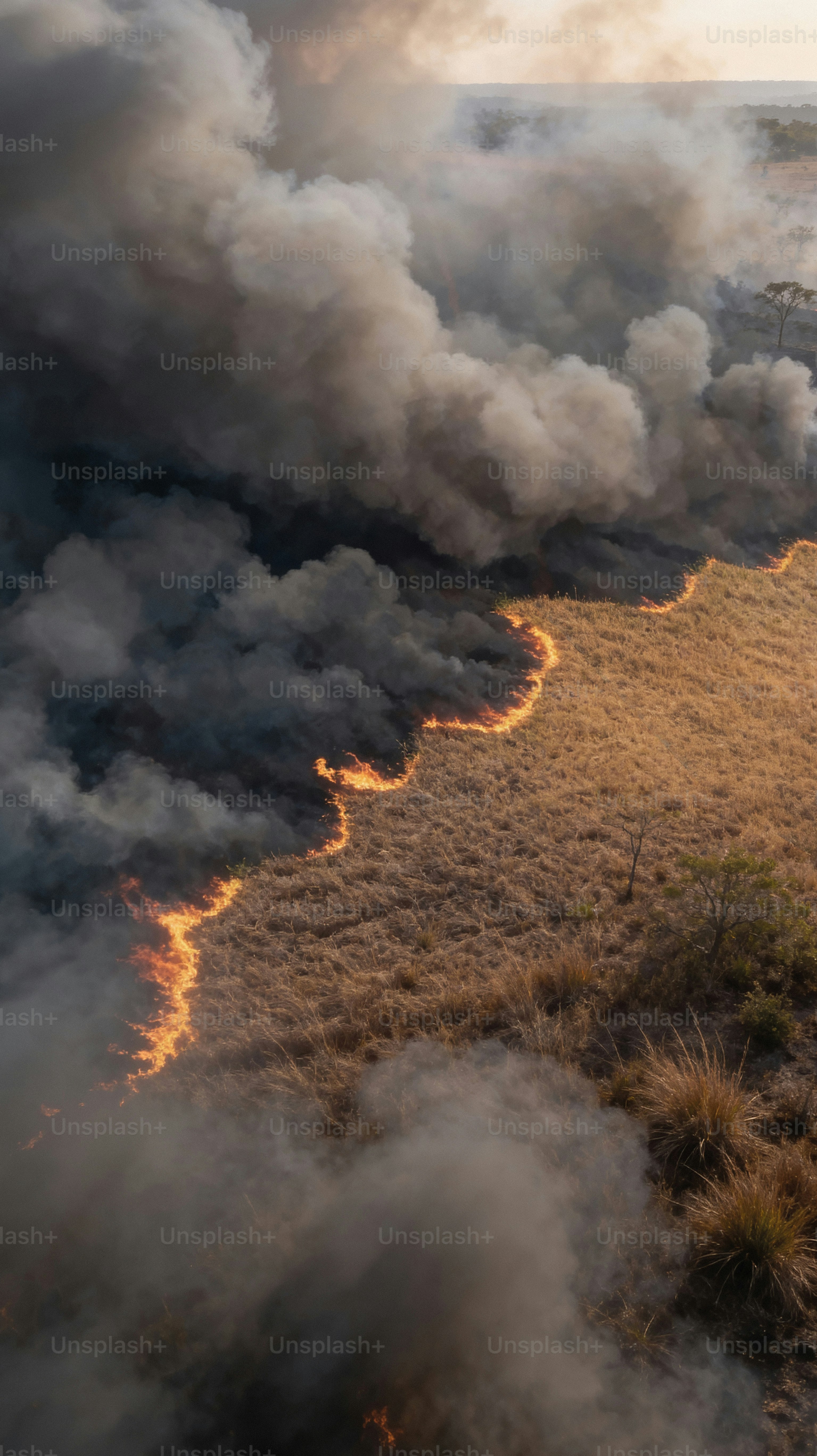 Incendios forestales quemando hierba seca con humo denso elevándose.