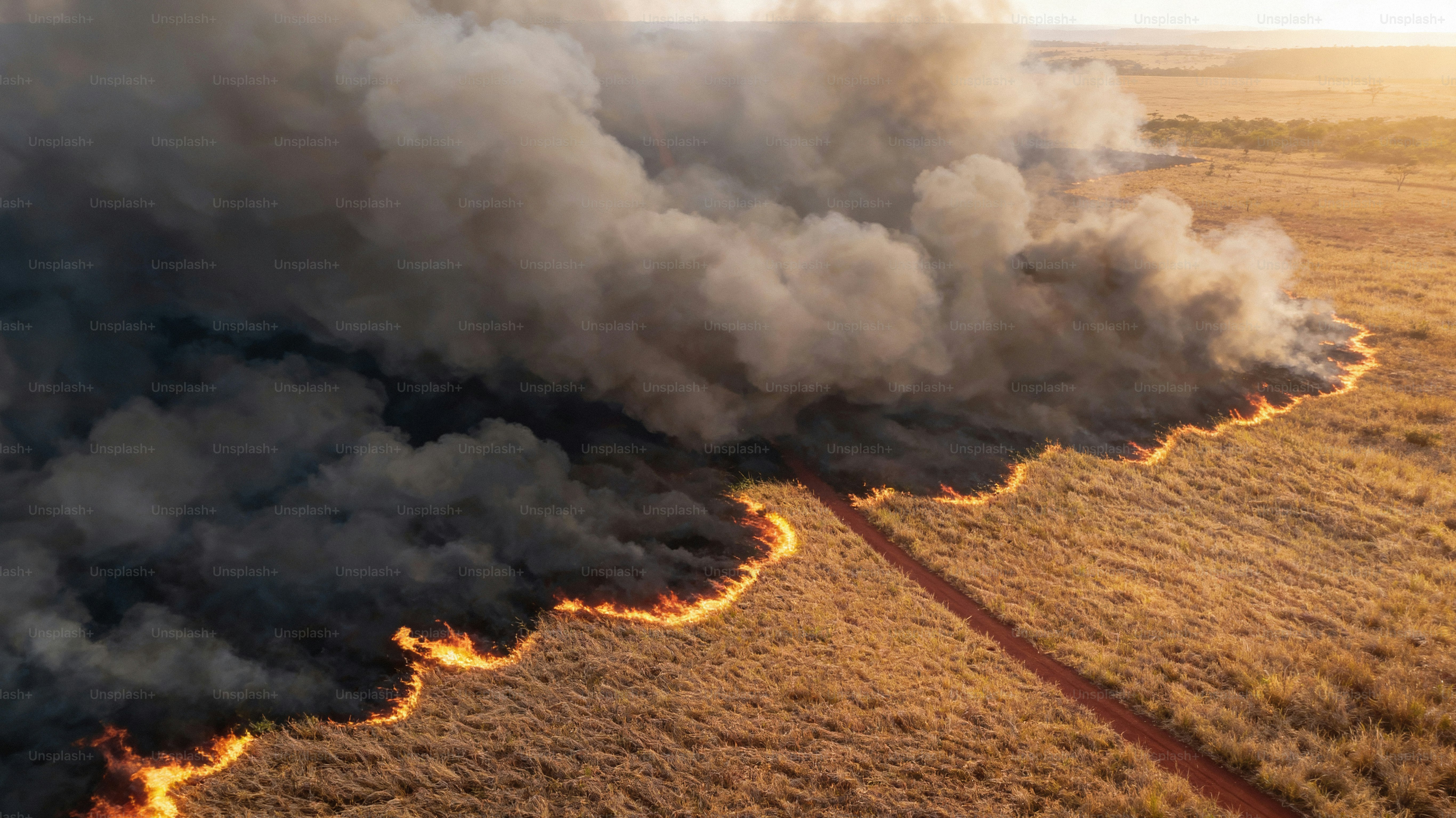 Feu de forêt brûlant de l’herbe sèche avec d’épaisses volutes de fumée