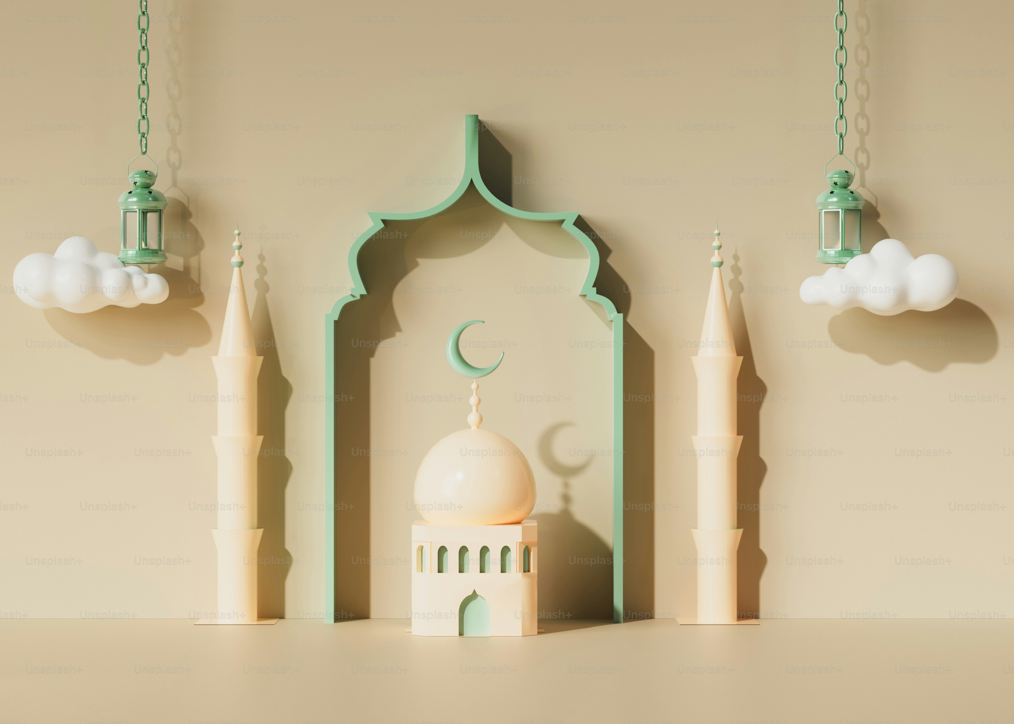 등불과 구름이 있는 이슬람 모스크 장식