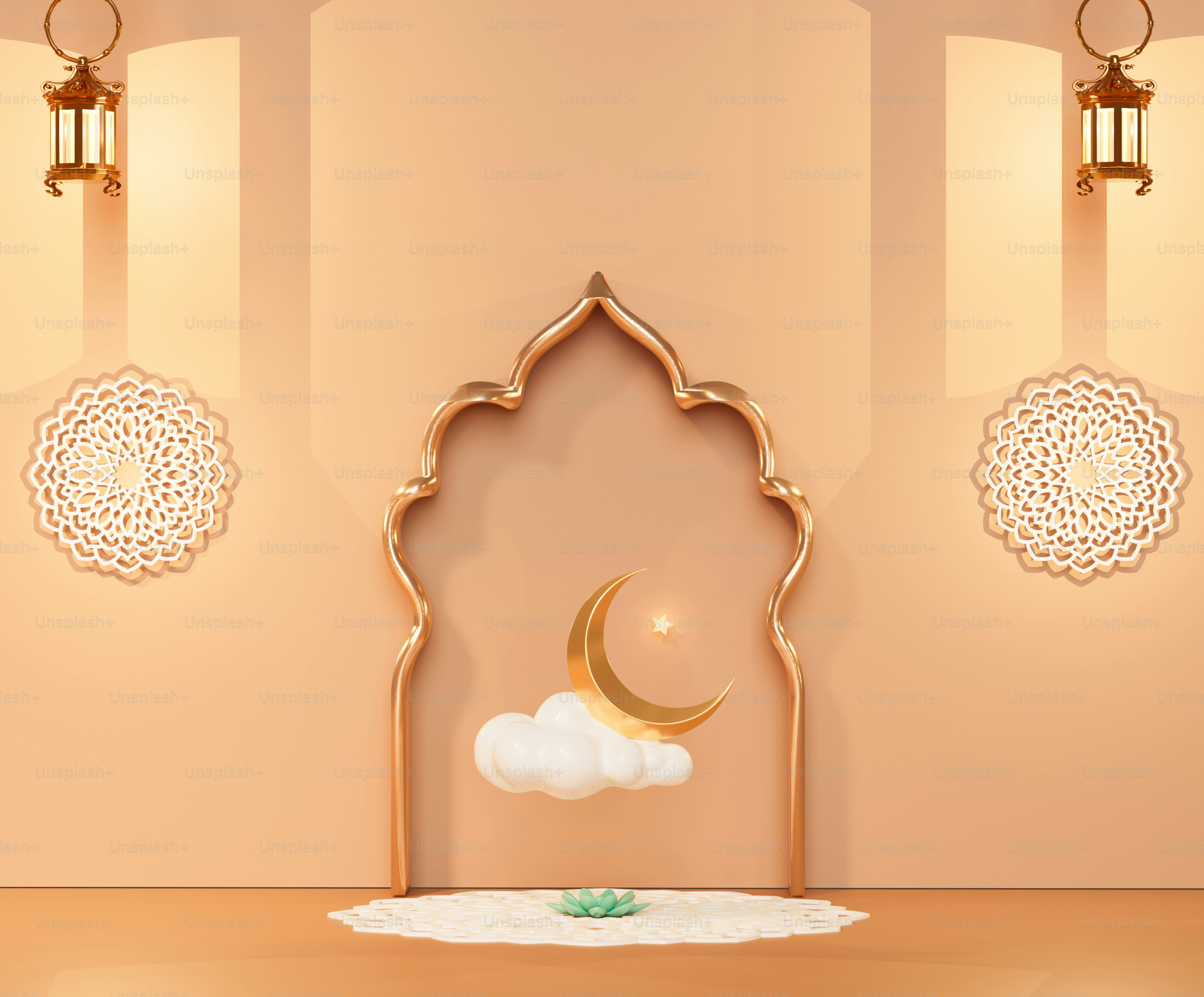 구름 위의 황금빛 초승달과 등불