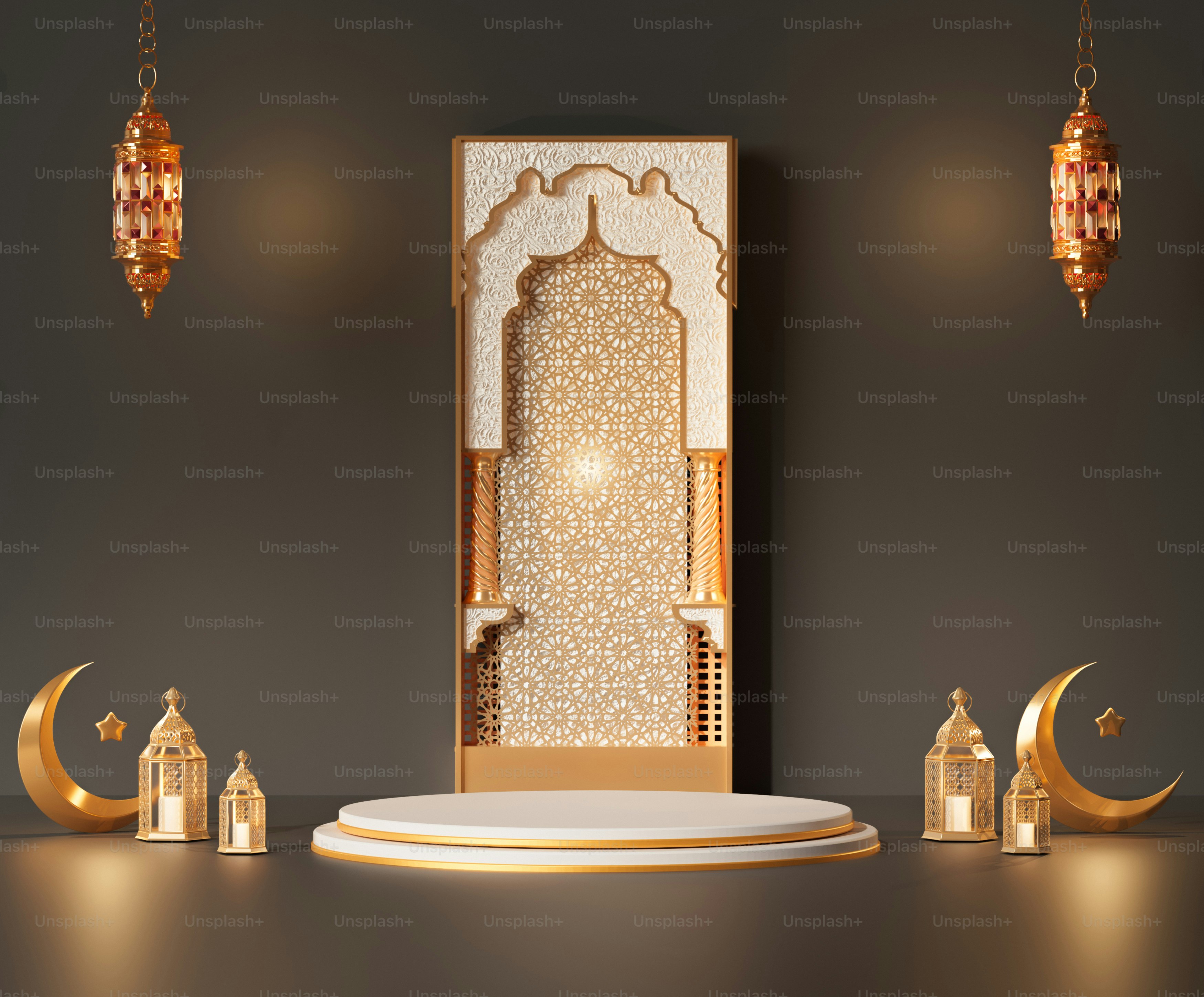 연단과 등불이 있는 이슬람 장식 요소들