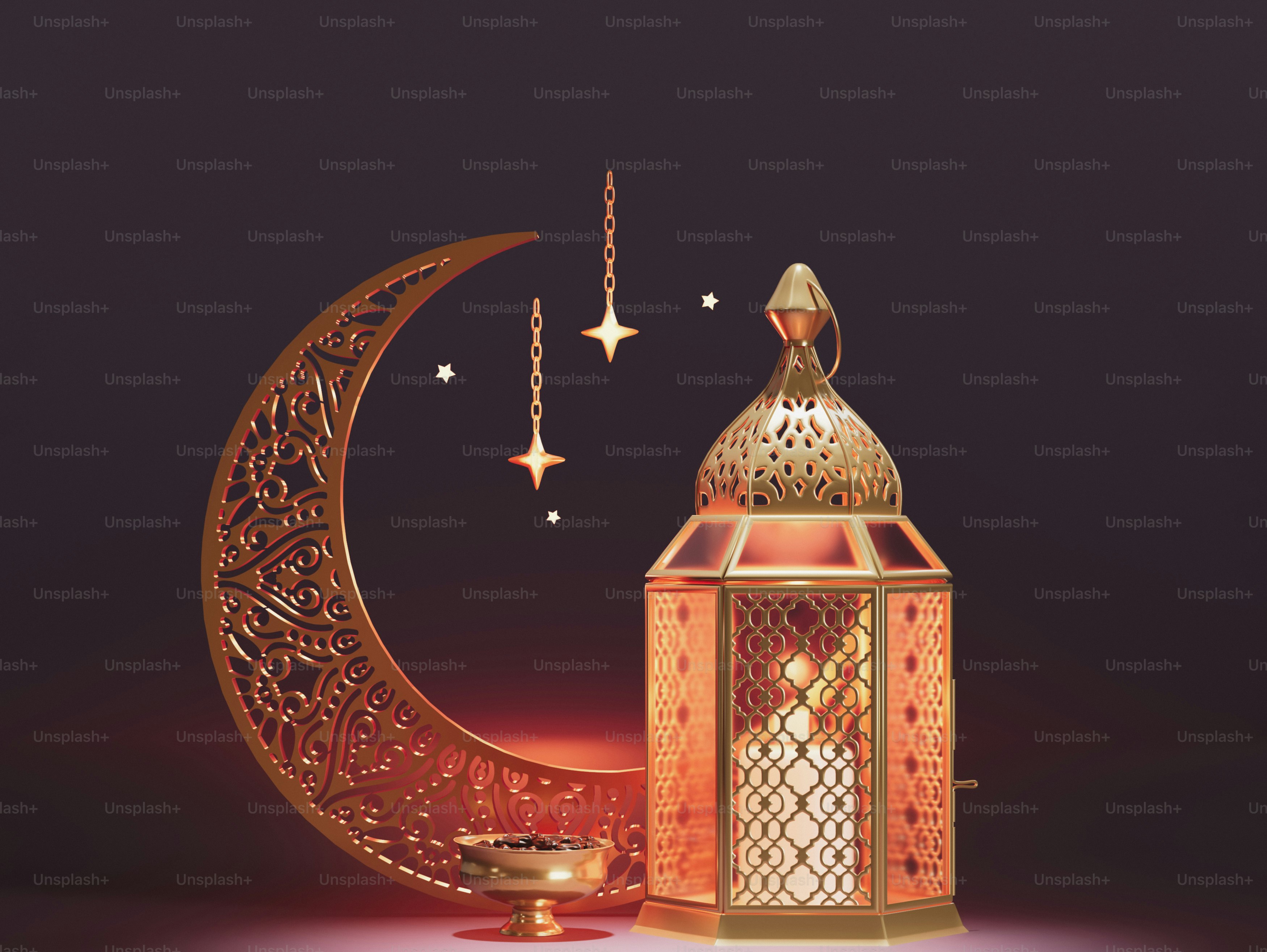 화려한 등불과 별이 있는 황금빛 초승달