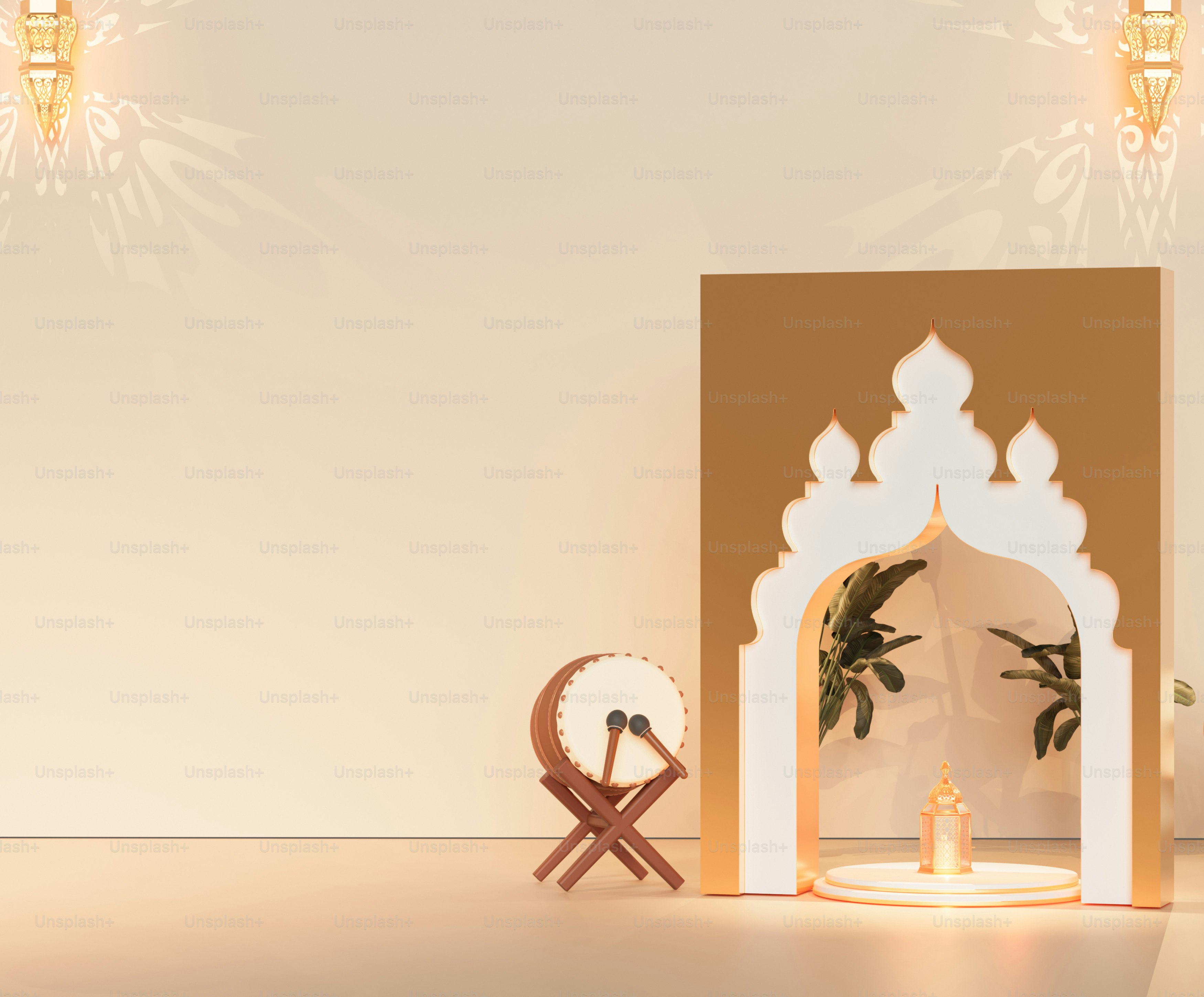 북과 랜턴이 있는 이슬람 장식 요소