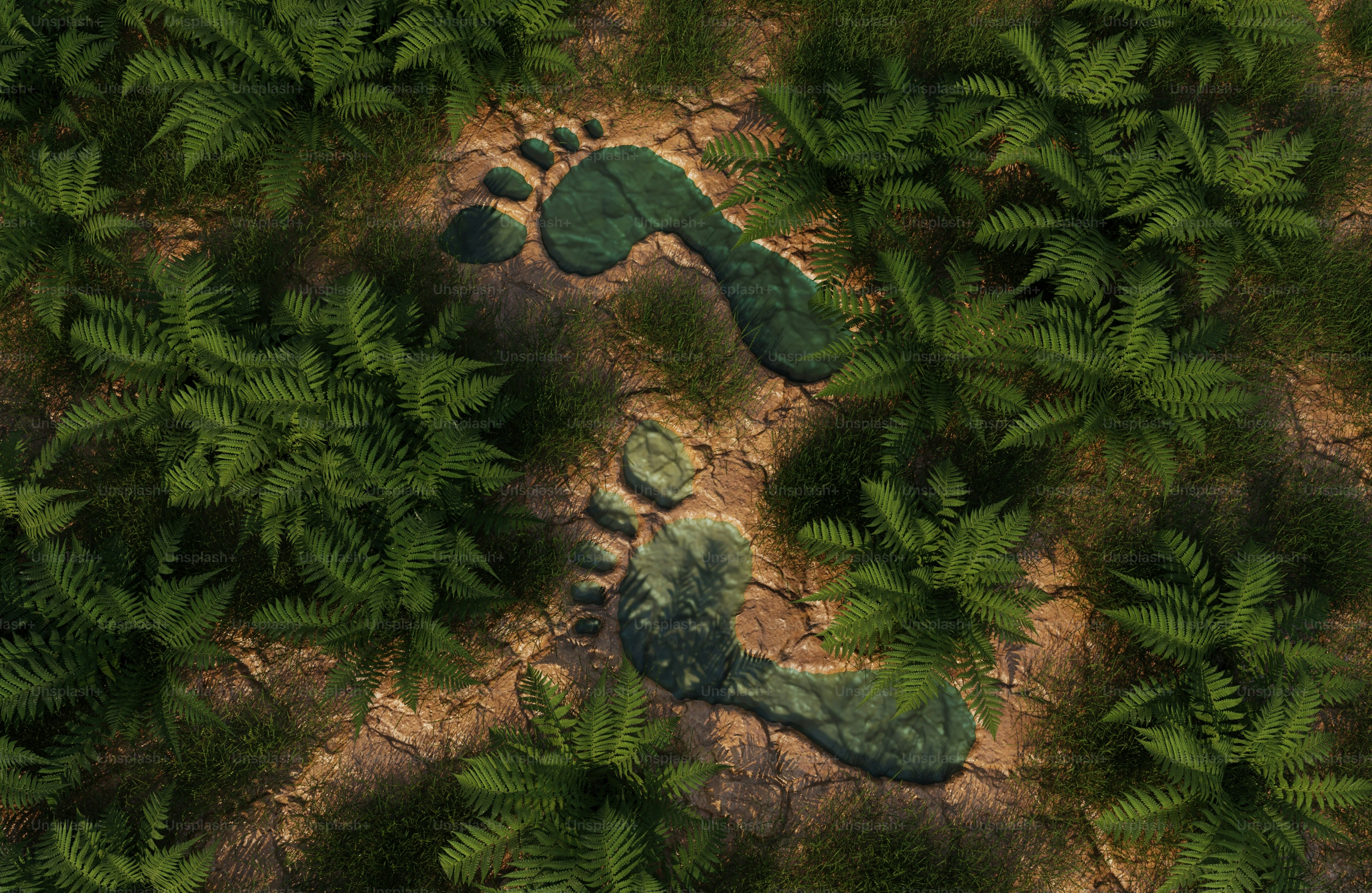 Fußabdrücke aus Moos im Wald