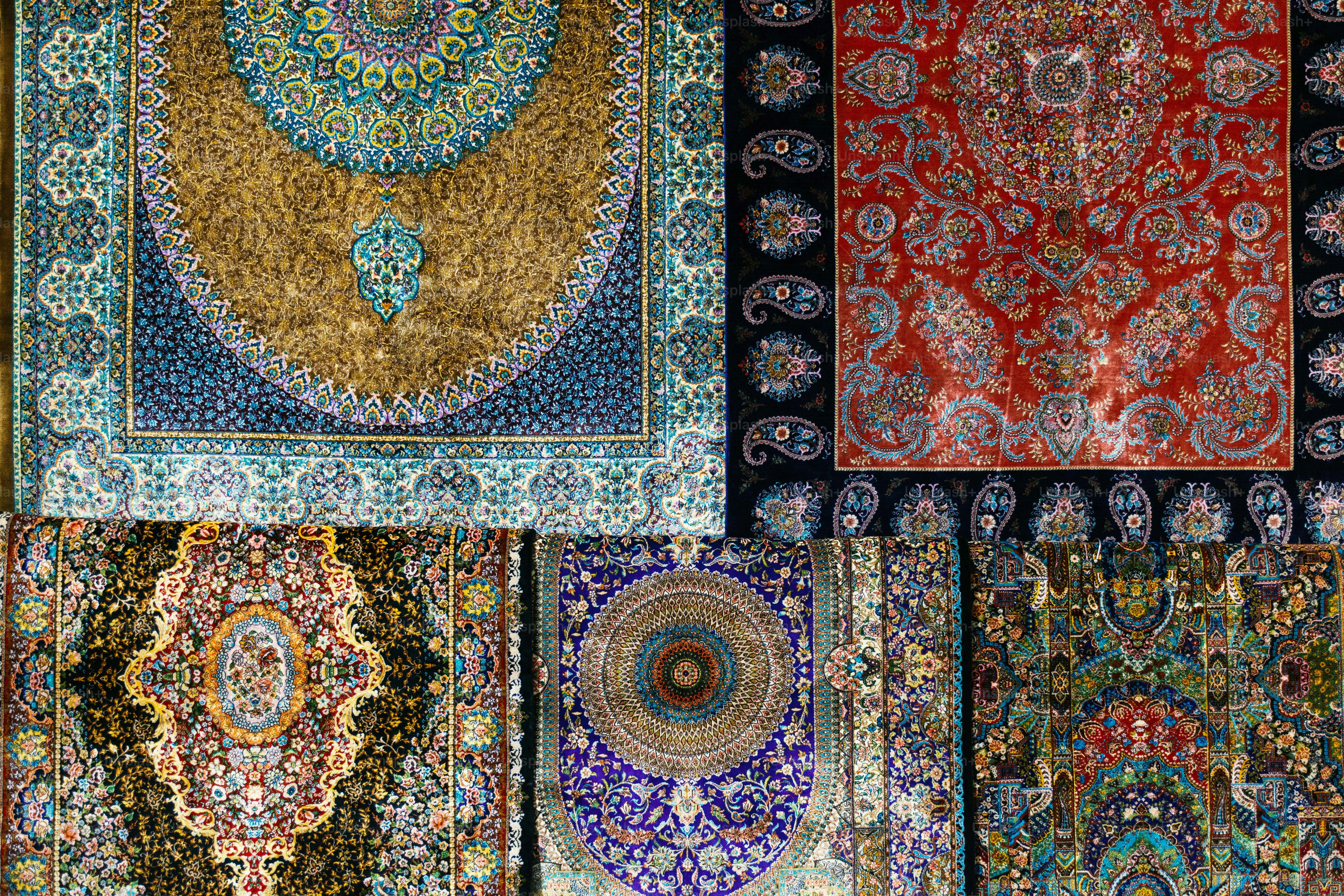 Collage of intricate, colorful persian carpets with detailed patterns.