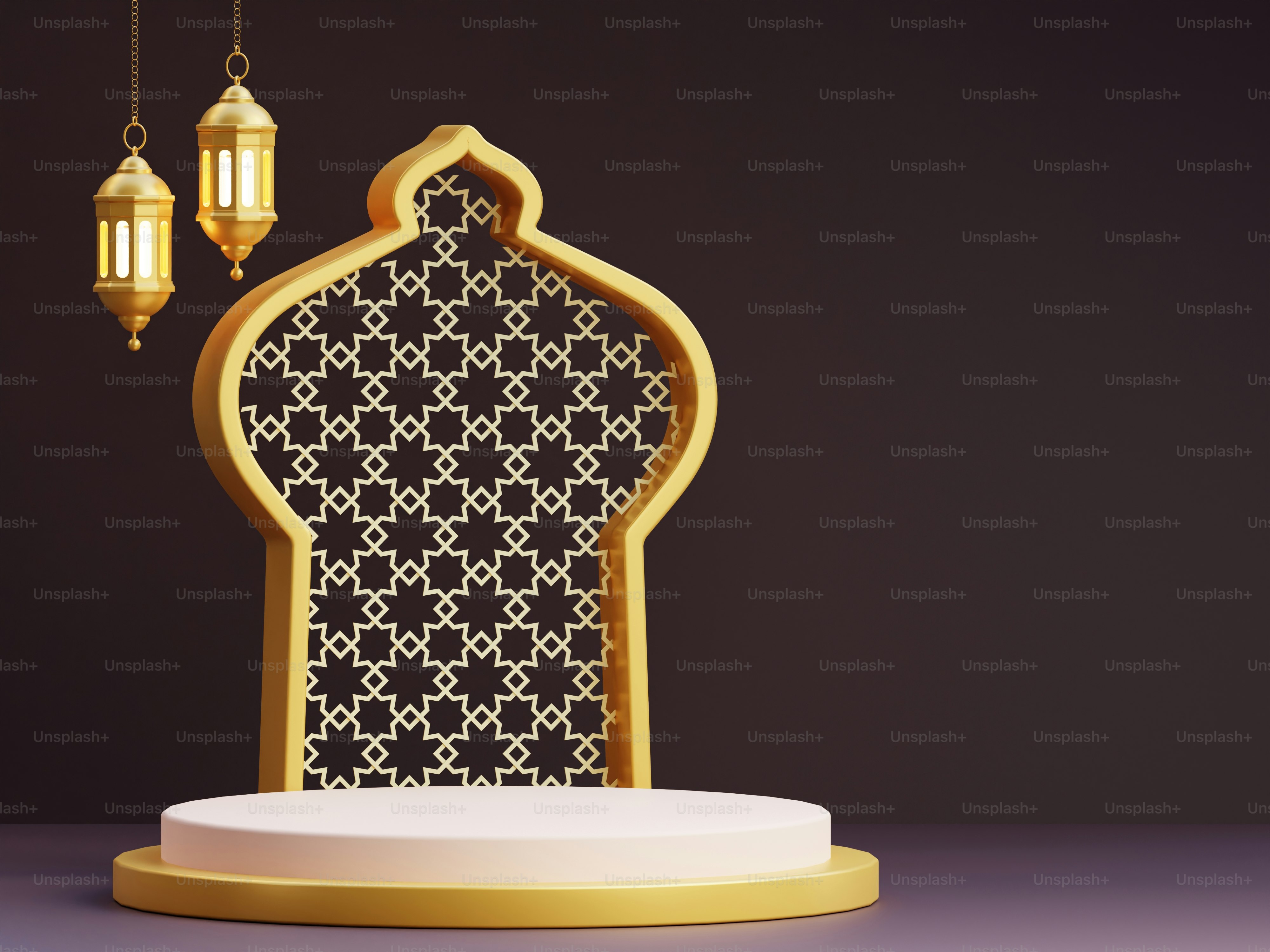 Islamic archway with lanterns and podium