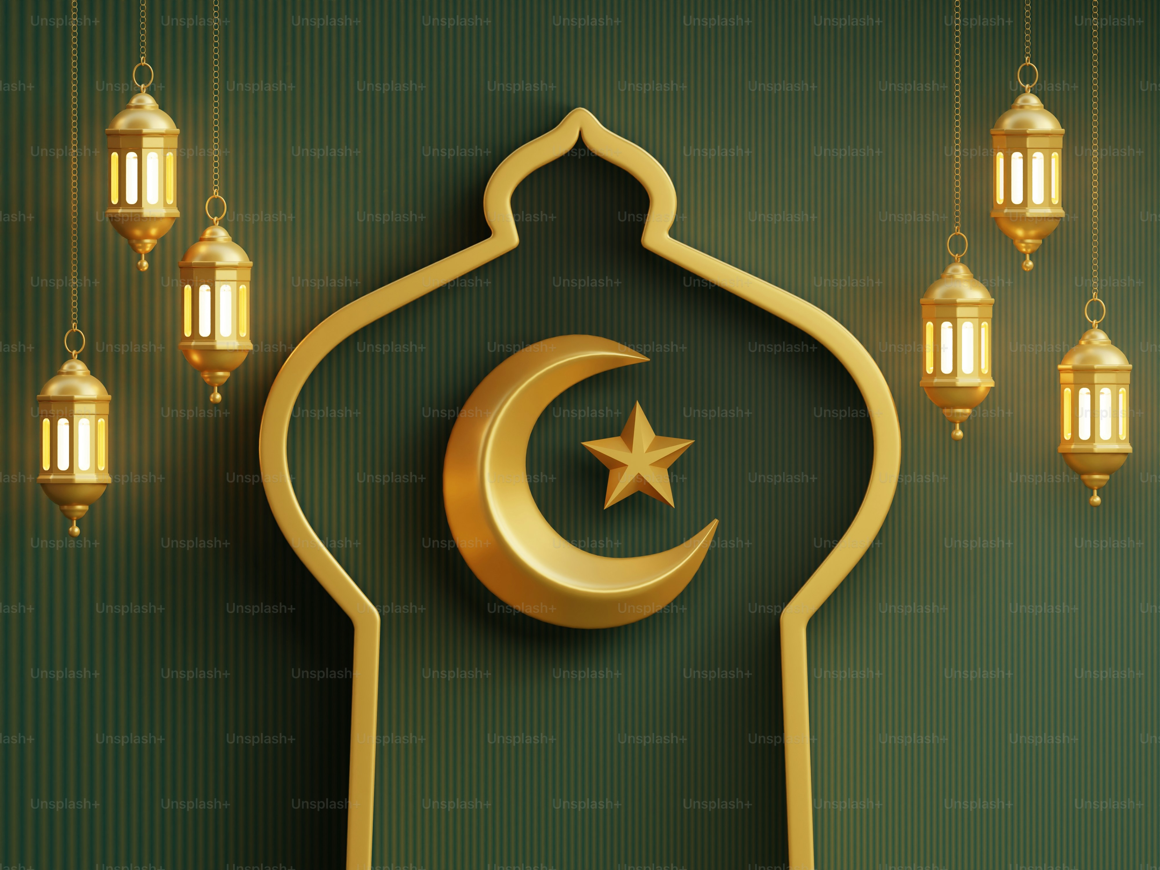 Golden crescent moon and star with lanterns