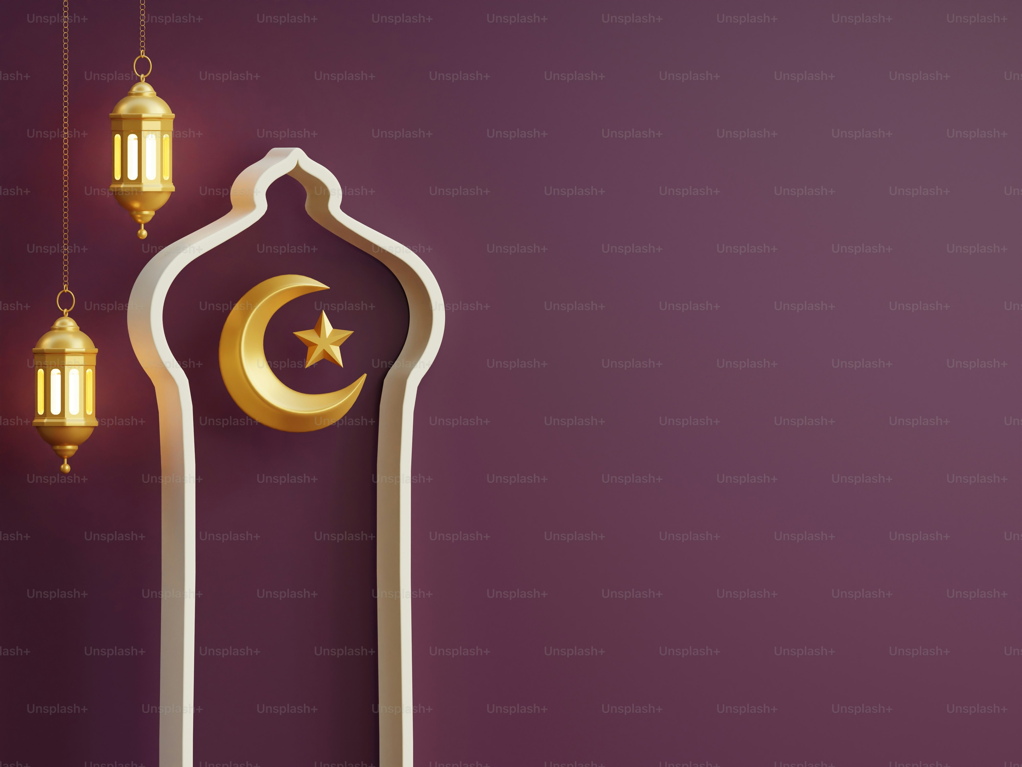 Islamic crescent moon and star with lanterns