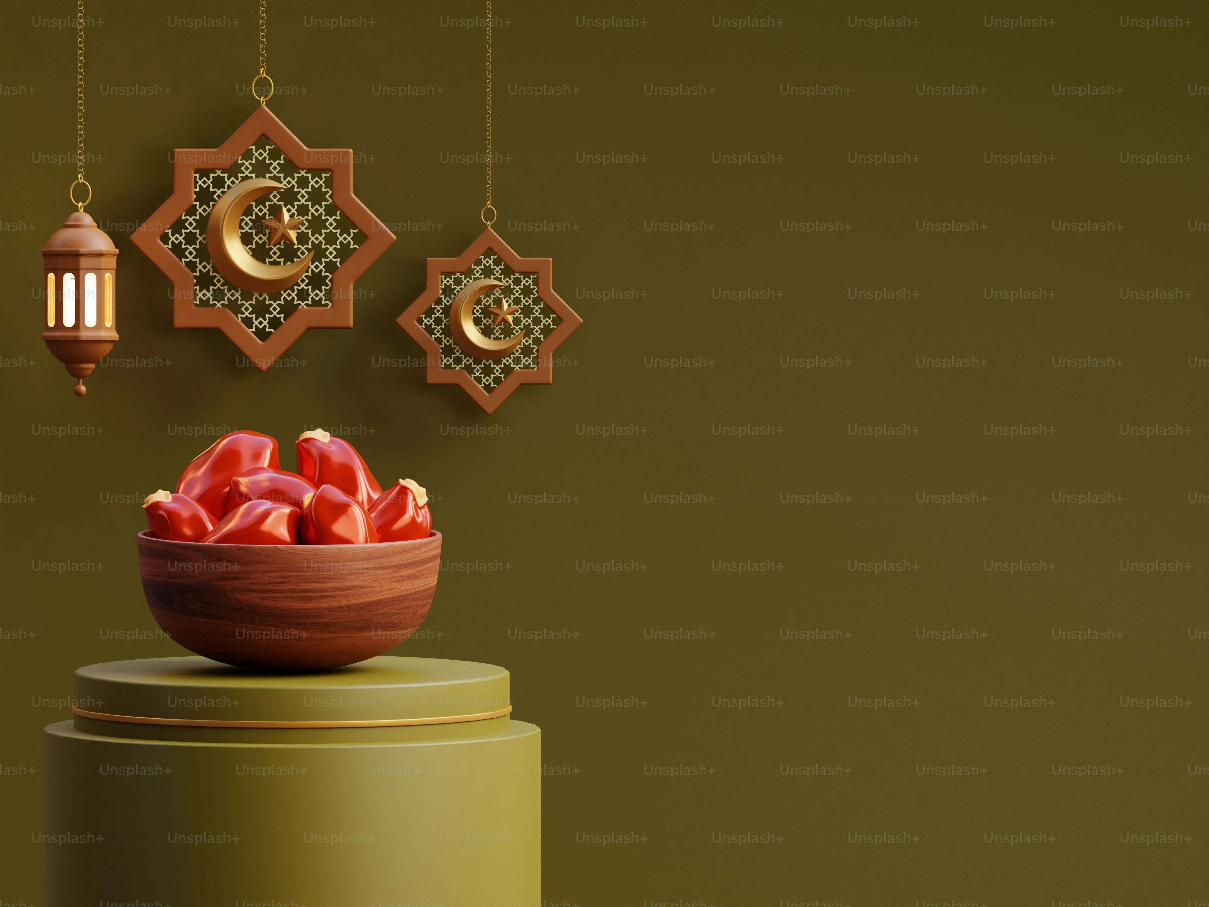 Bowl of dates with islamic lanterns on a pedestal