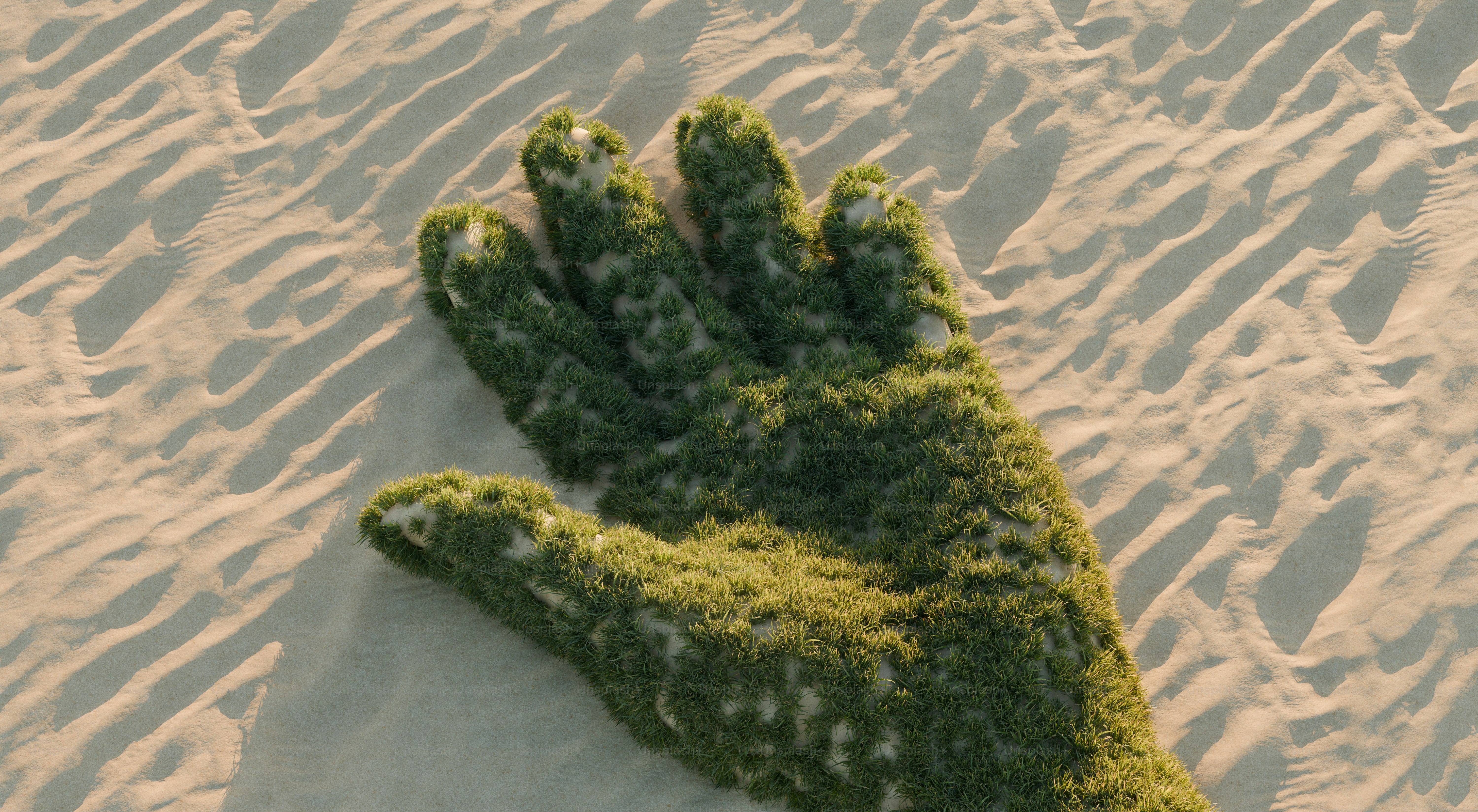 A green hand-shaped island with small buildings photo – Pattern Image ...