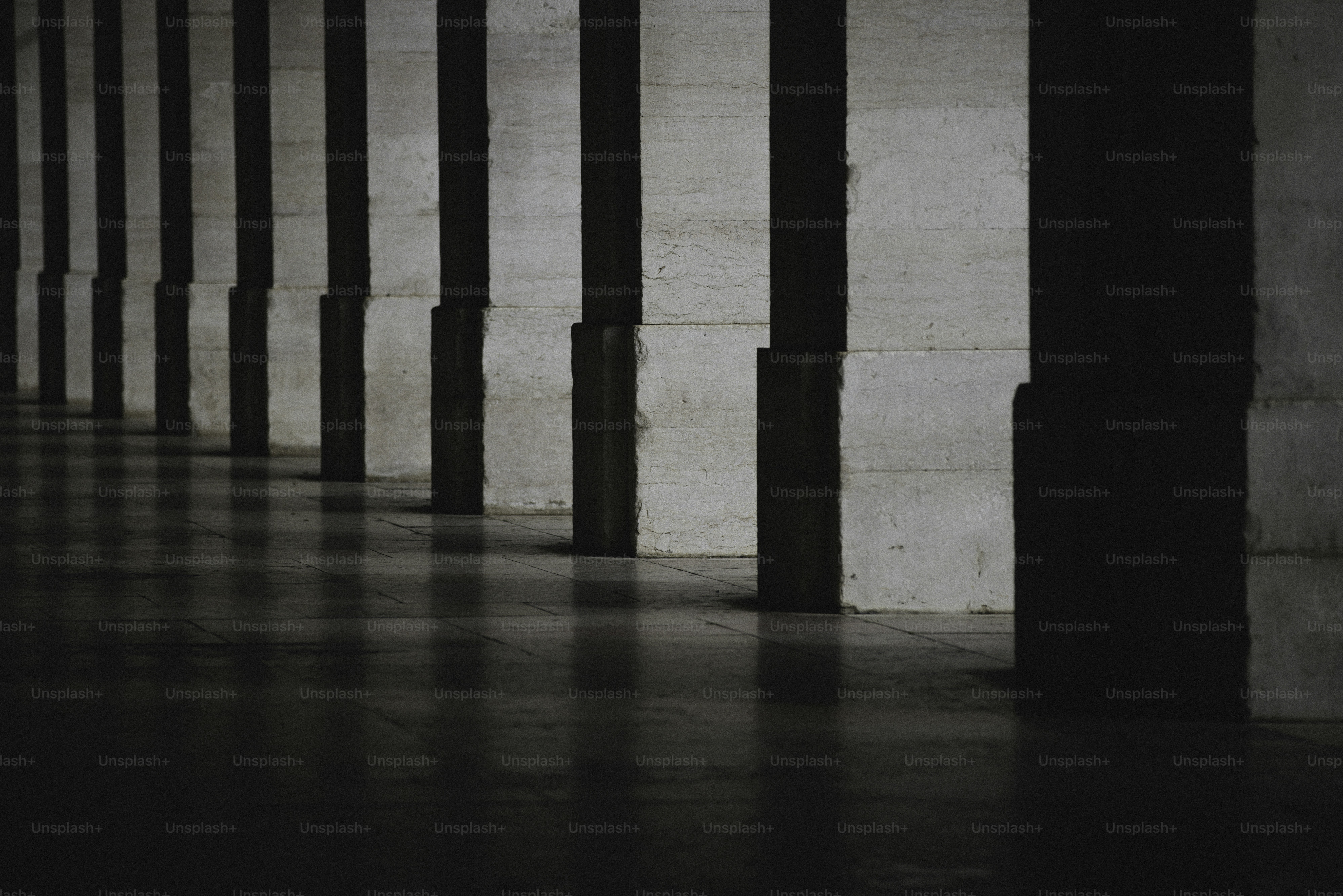 Row of concrete pillars with strong shadows