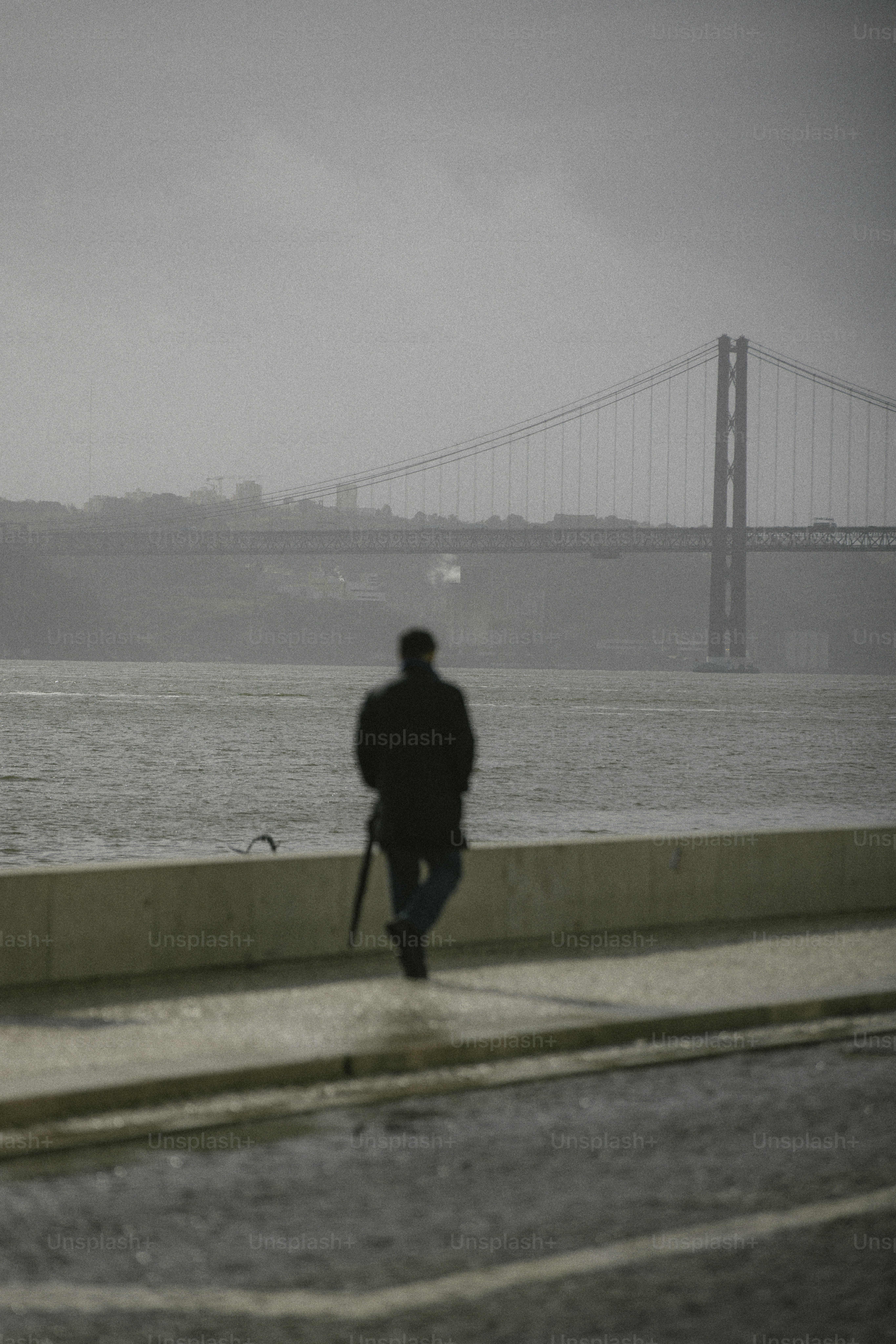 Man with umbrella looking at bridge over water