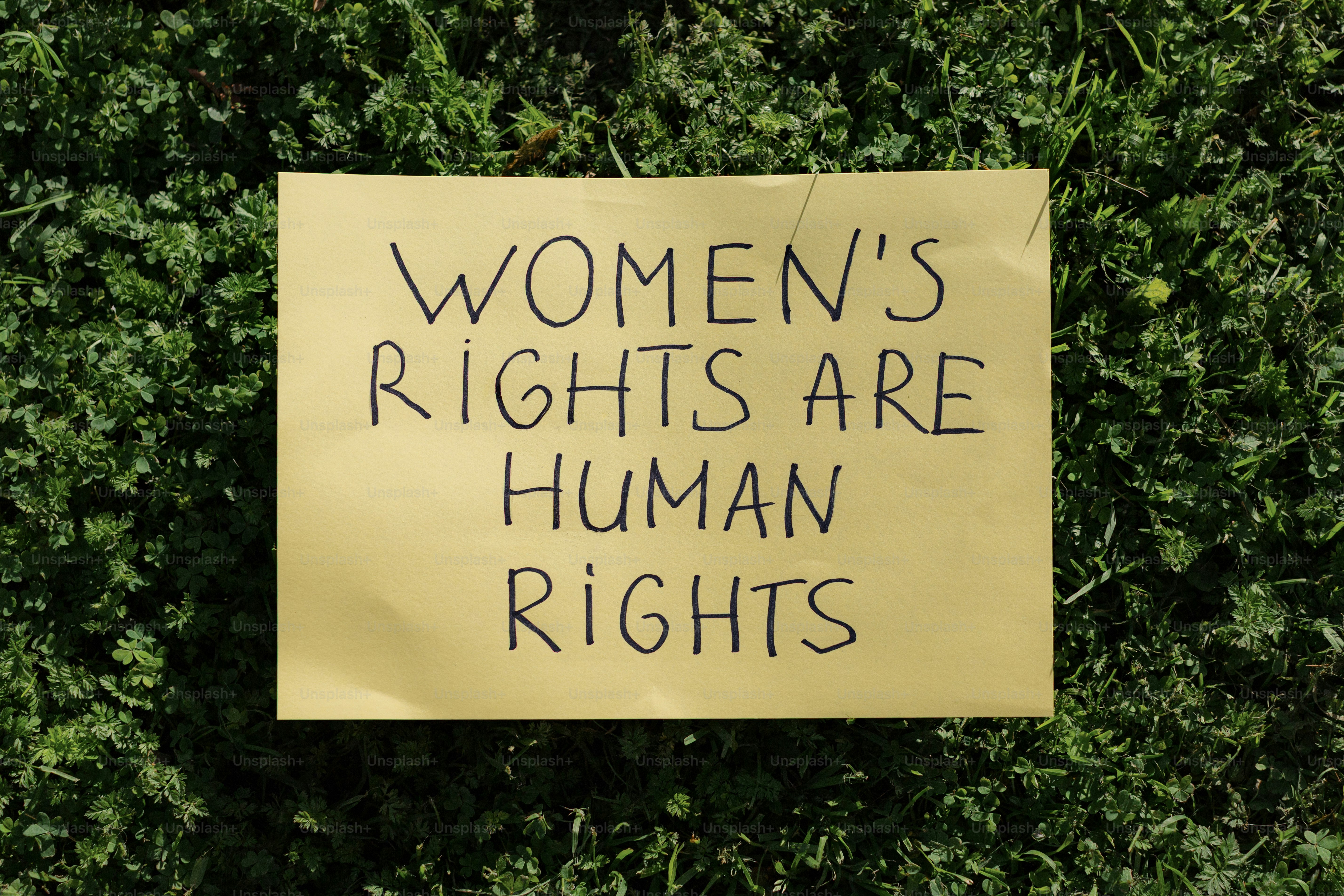 Women's rights are human rights sign on a yellow sign.