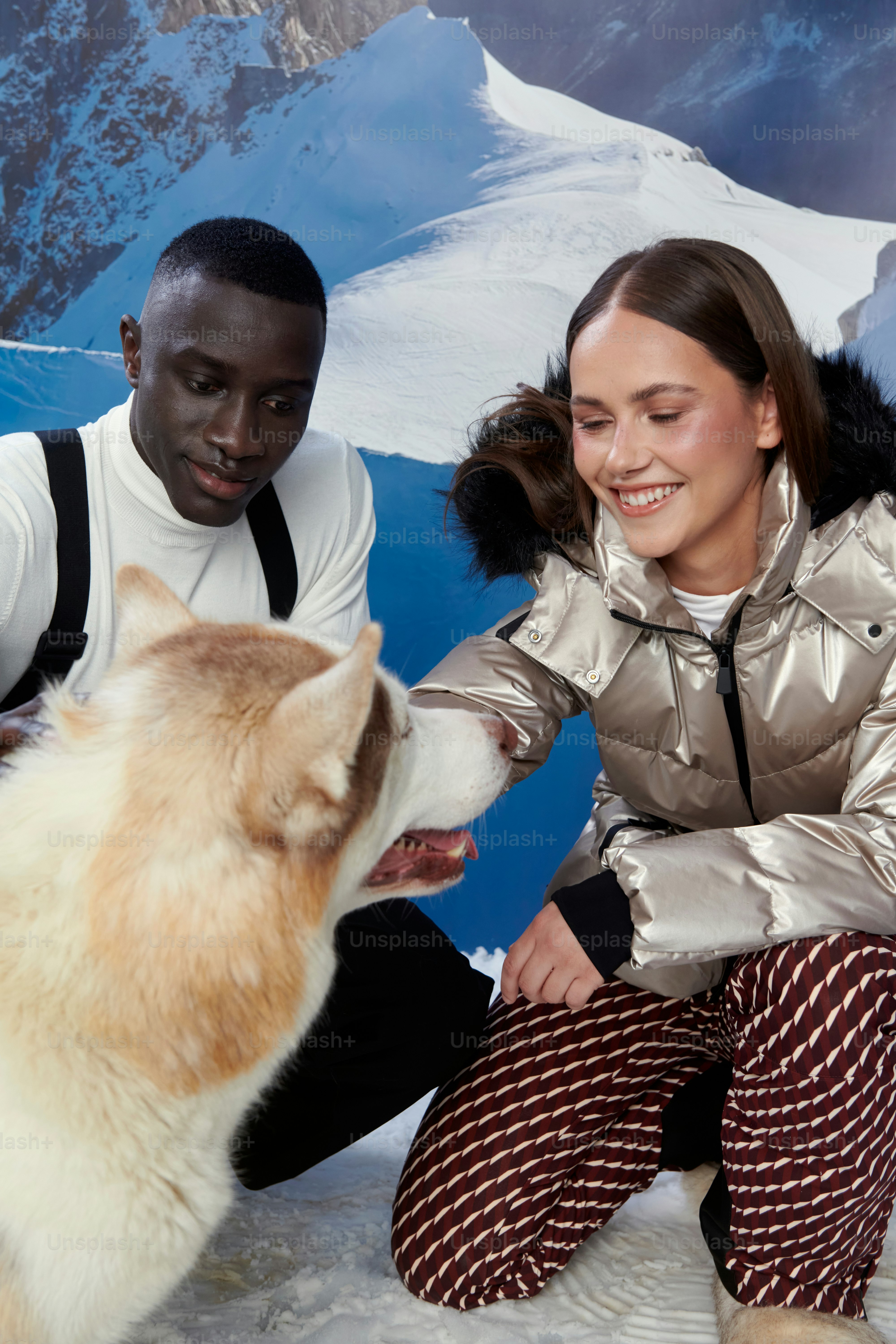 雪山の風景でハスキーを撫でるカップル